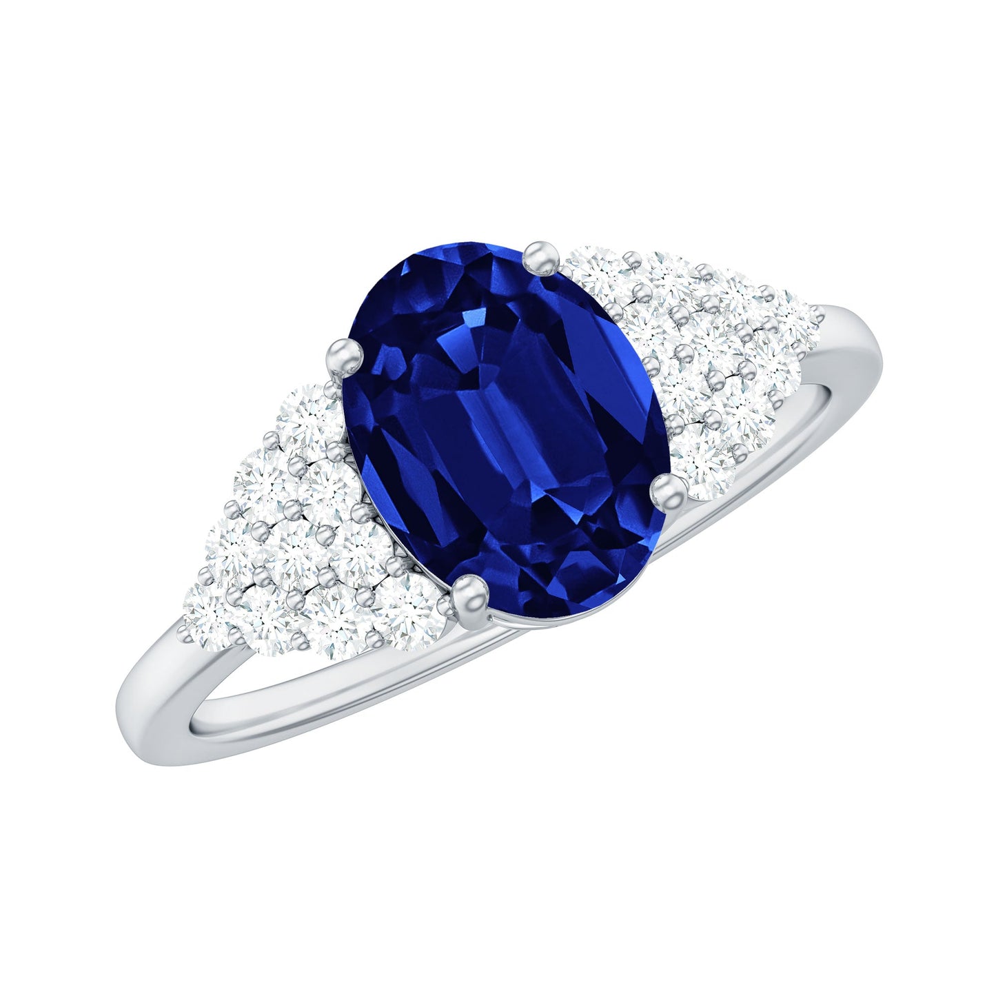Certified 1.5 Carat Lab Grown Blue Sapphire Oval Engagement Ring with Diamond Side Stones