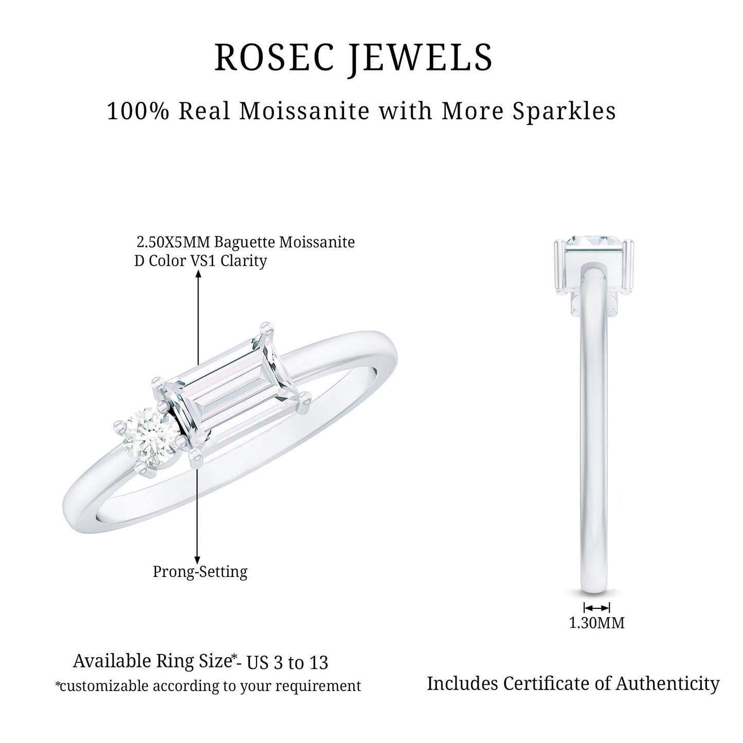 Baguette and Round Moissanite Two Stone Promise Ring