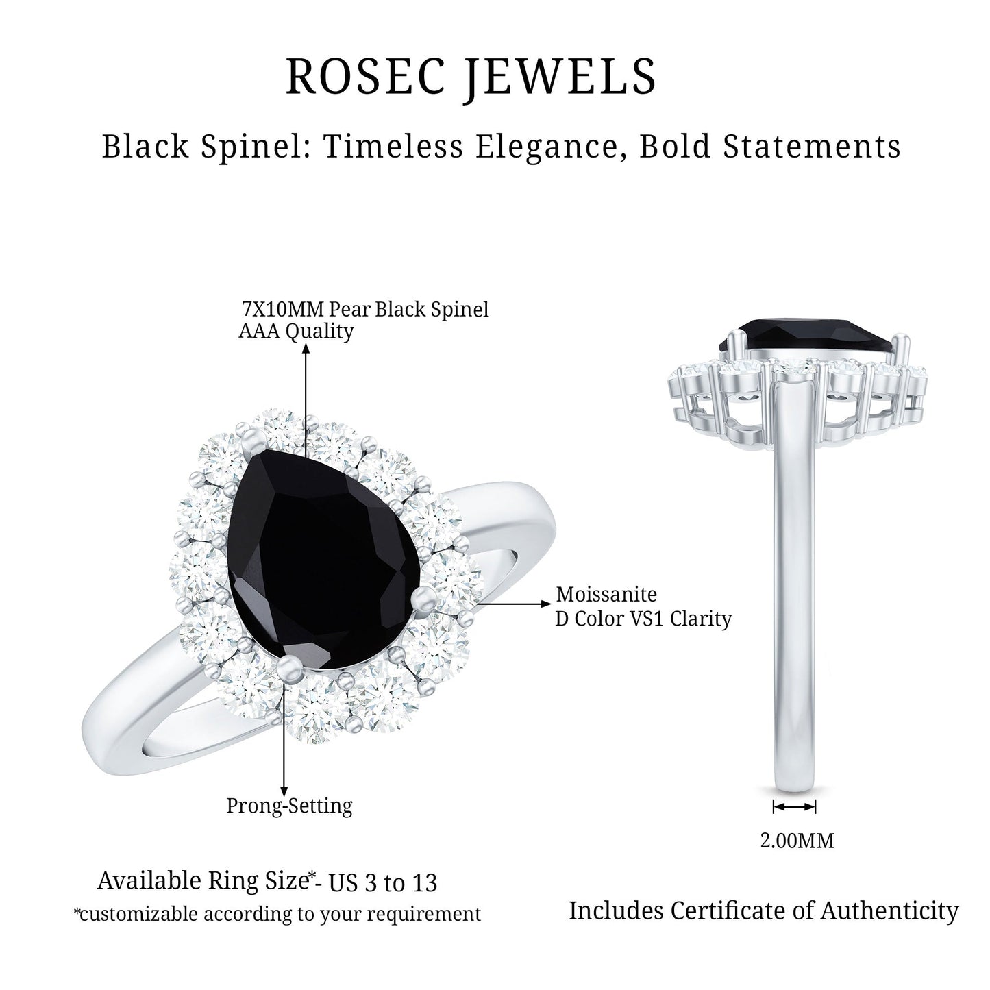 Certified Genuine 1.7 Carat Black Spinel Teardrop Engagement Ring with Diamond Halo