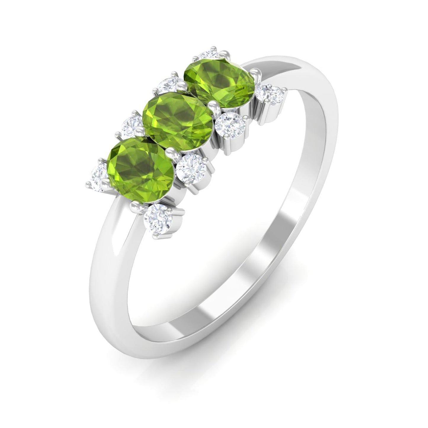 Oval Cut Peridot Three Stone Ring with Diamond Stones