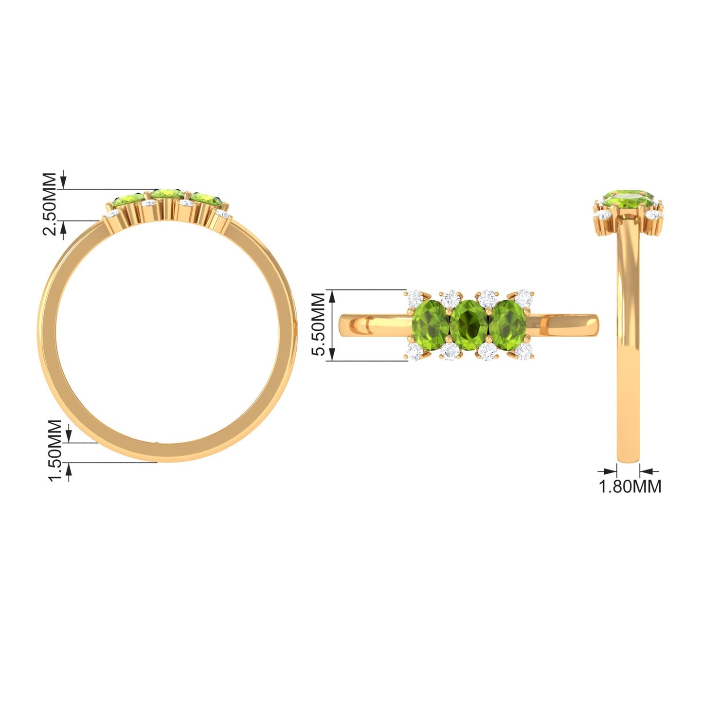 Oval Cut Peridot Three Stone Ring with Diamond Stones