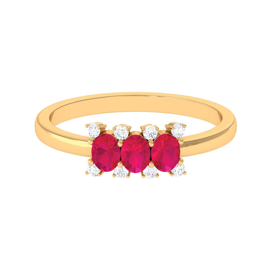 Oval Ruby Three Stone Promise Ring with Diamond