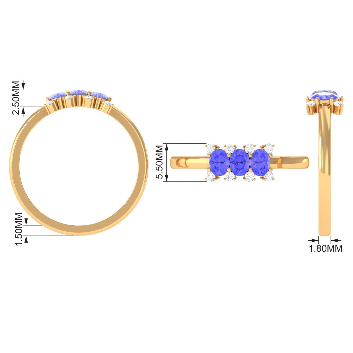 Oval Cut Tanzanite Three Stone Ring with Diamond