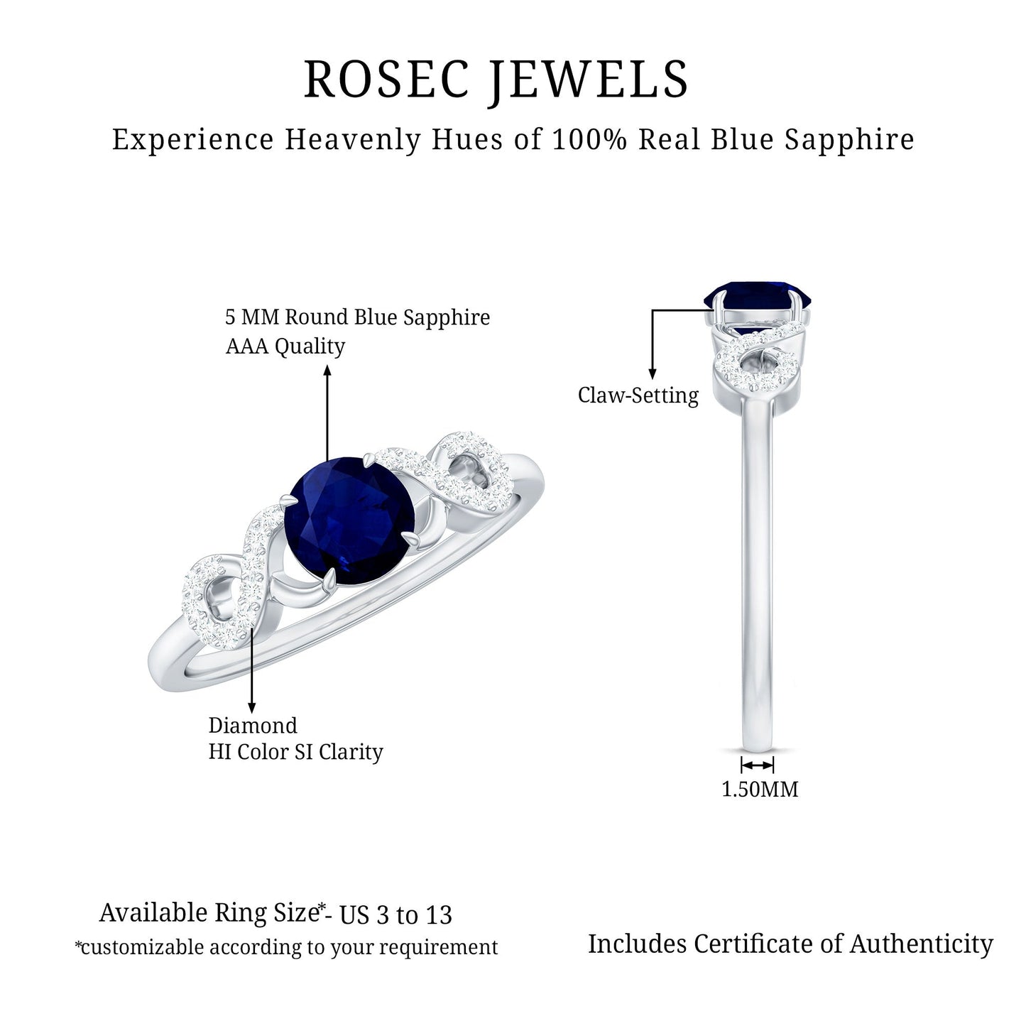 Real 0.9 Carat Blue Sapphire Infinity Promise Ring with Diamond