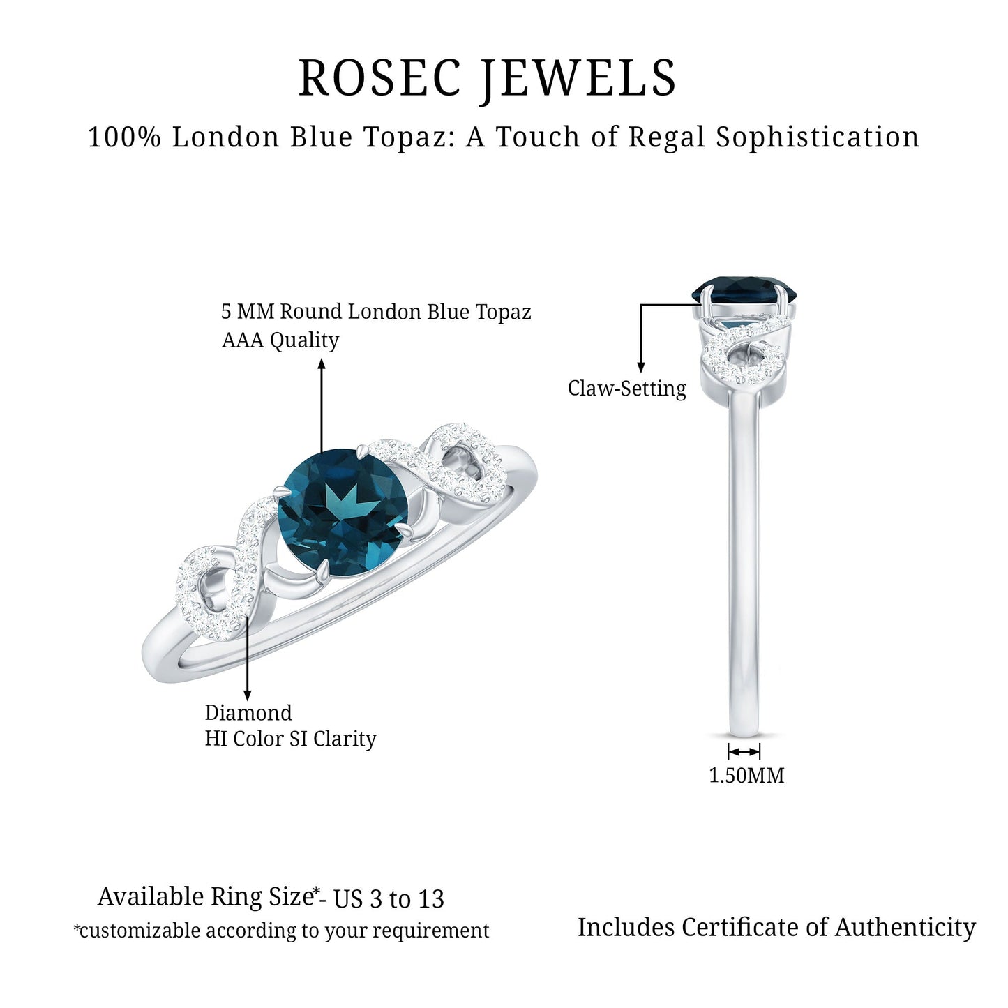 0.6 Carat Round London Blue Topaz Engagement Ring with Criss Cross Diamond