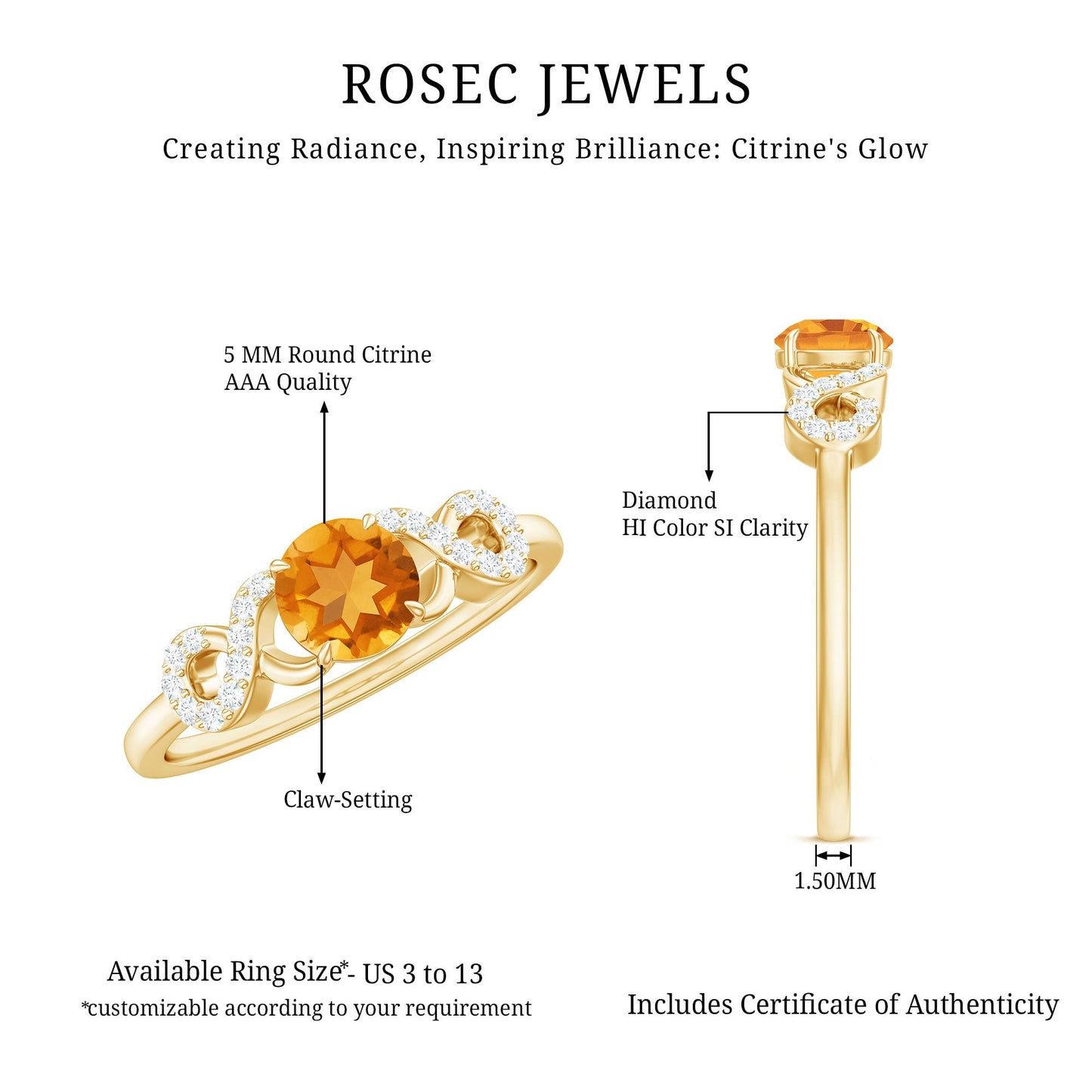 Certified Natural Citrine Infinity Promise Ring with Diamonds