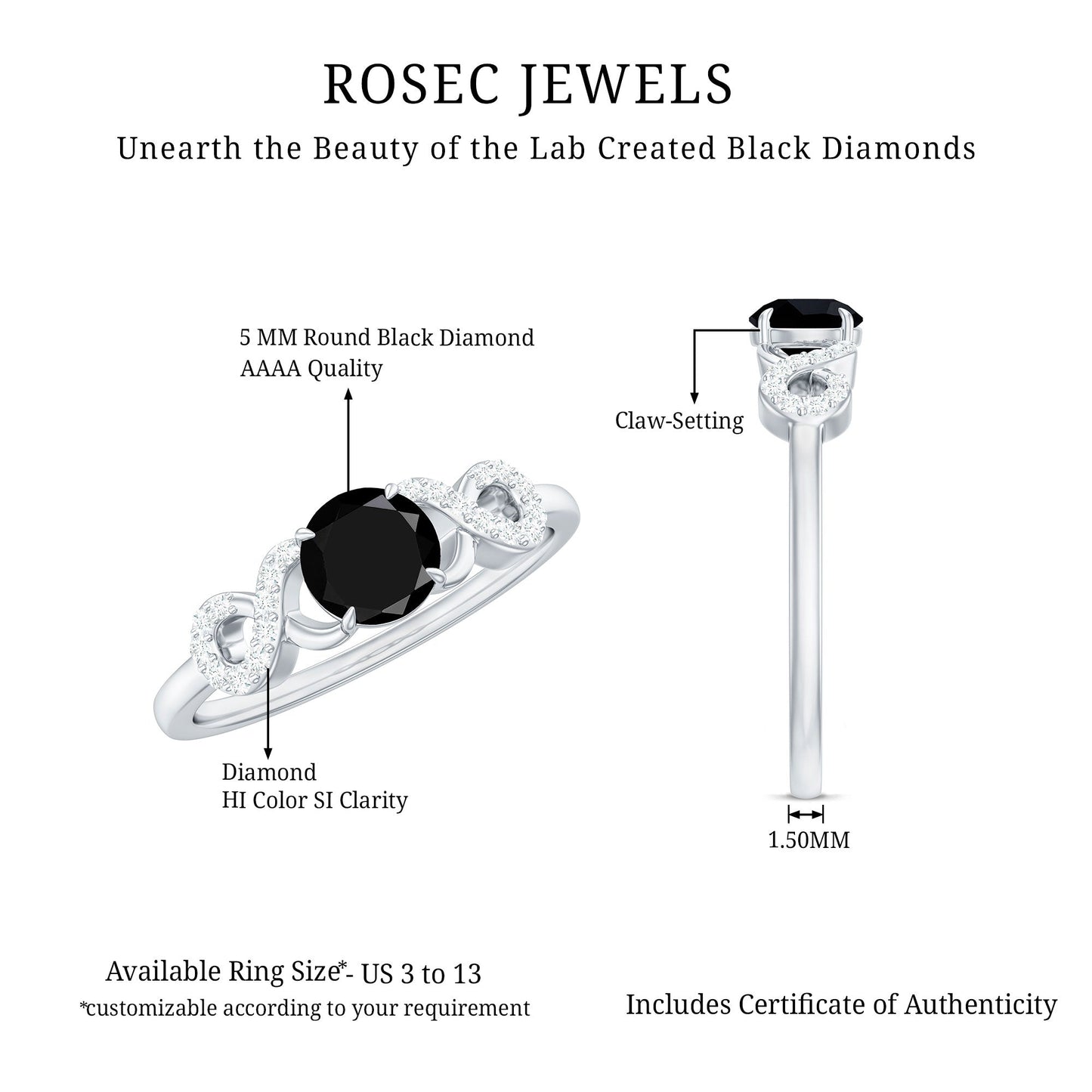 Certified 0.8 Carat Lab Grown Black and White Diamond Engagement Ring with Infinity Knot