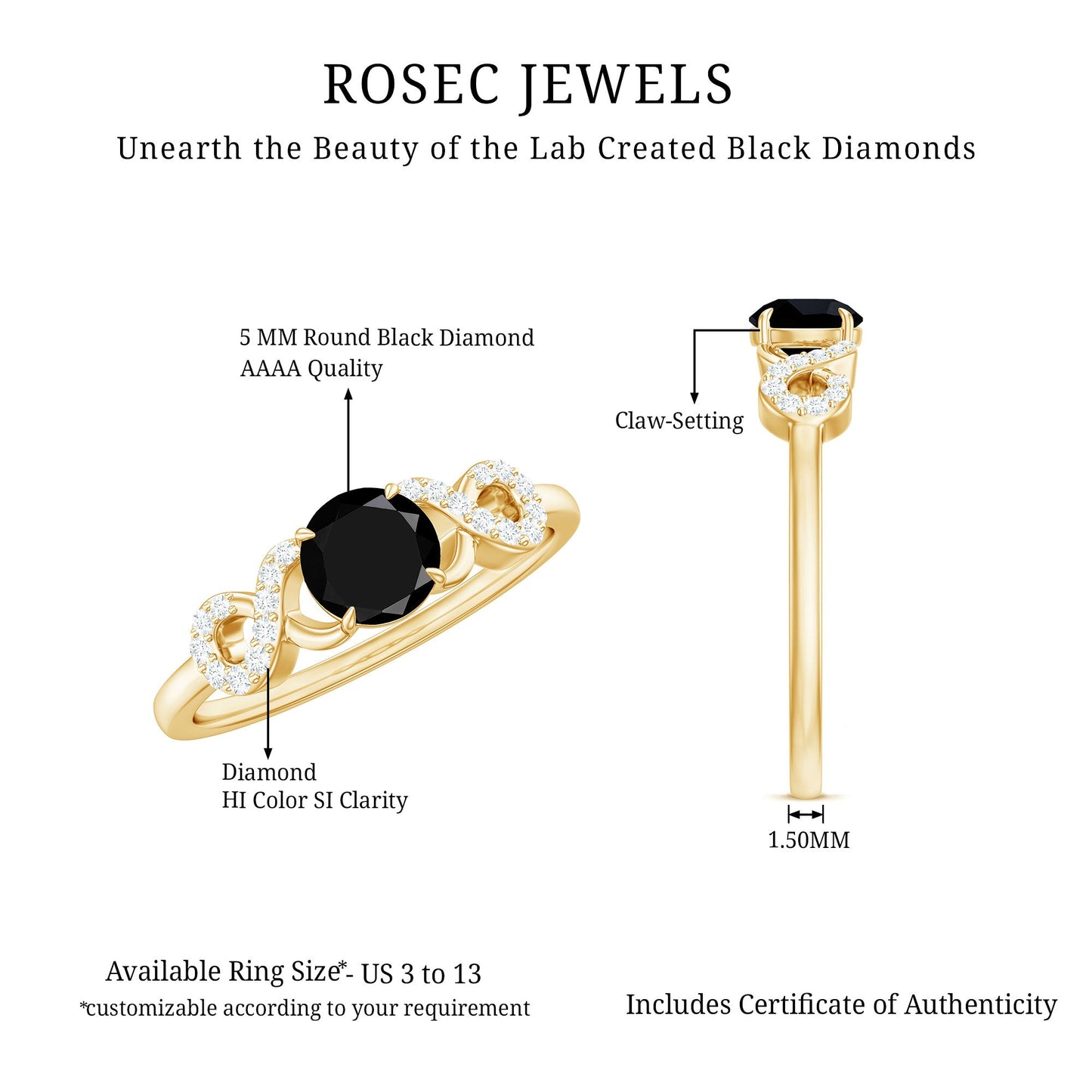 Certified 0.8 Carat Lab Grown Black and White Diamond Engagement Ring with Infinity Knot