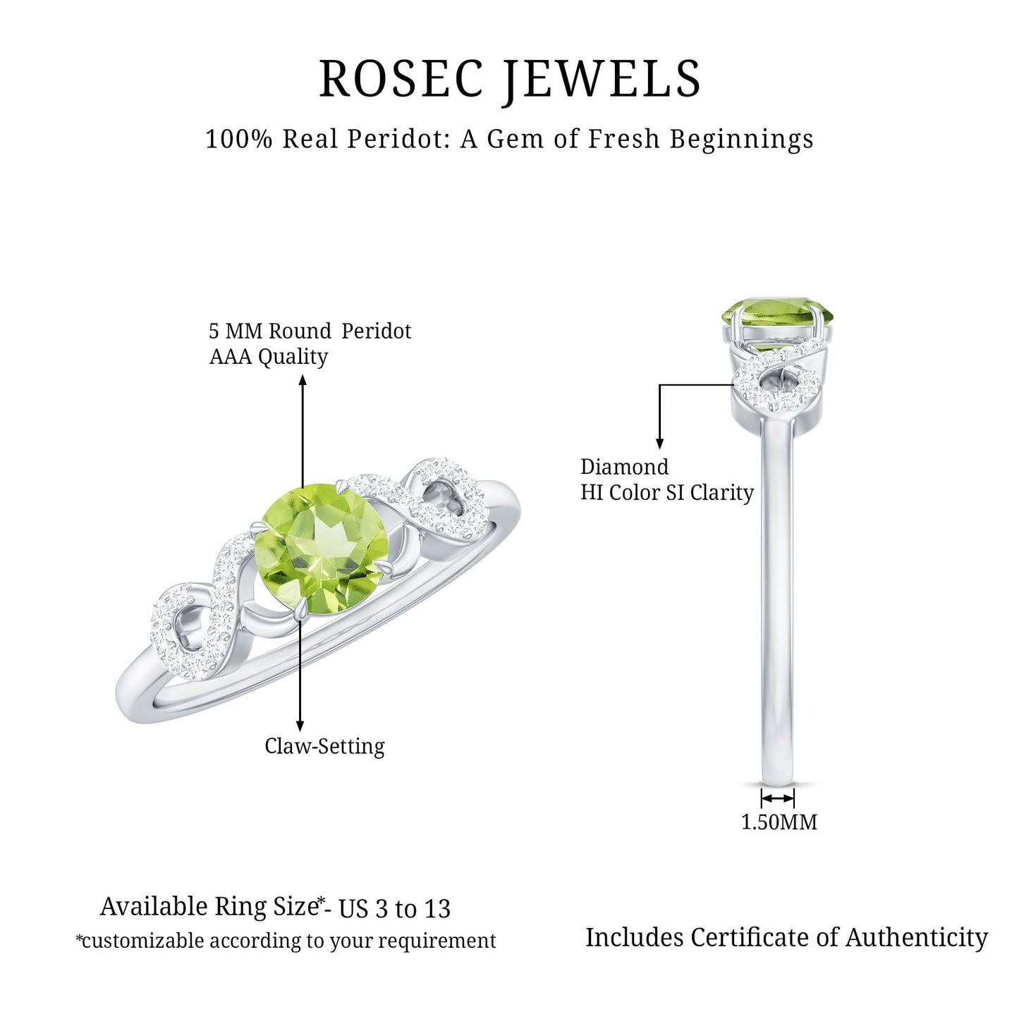 Half Carat Peridot Promise Ring with Diamond Infinity Knot