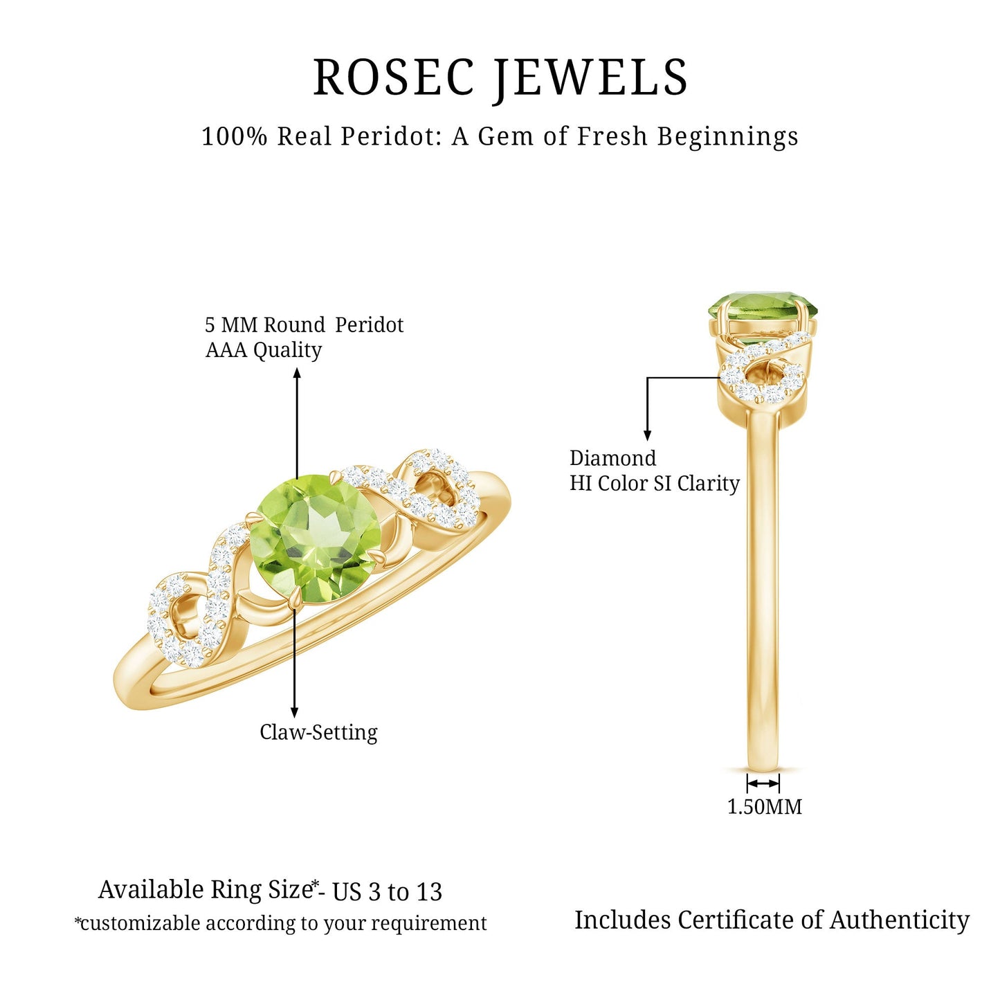 Half Carat Peridot Promise Ring with Diamond Infinity Knot