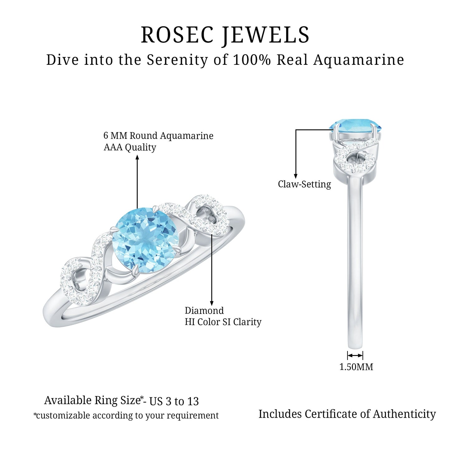 Round Shape Aquamarine and Diamond Infinity Engagement Ring