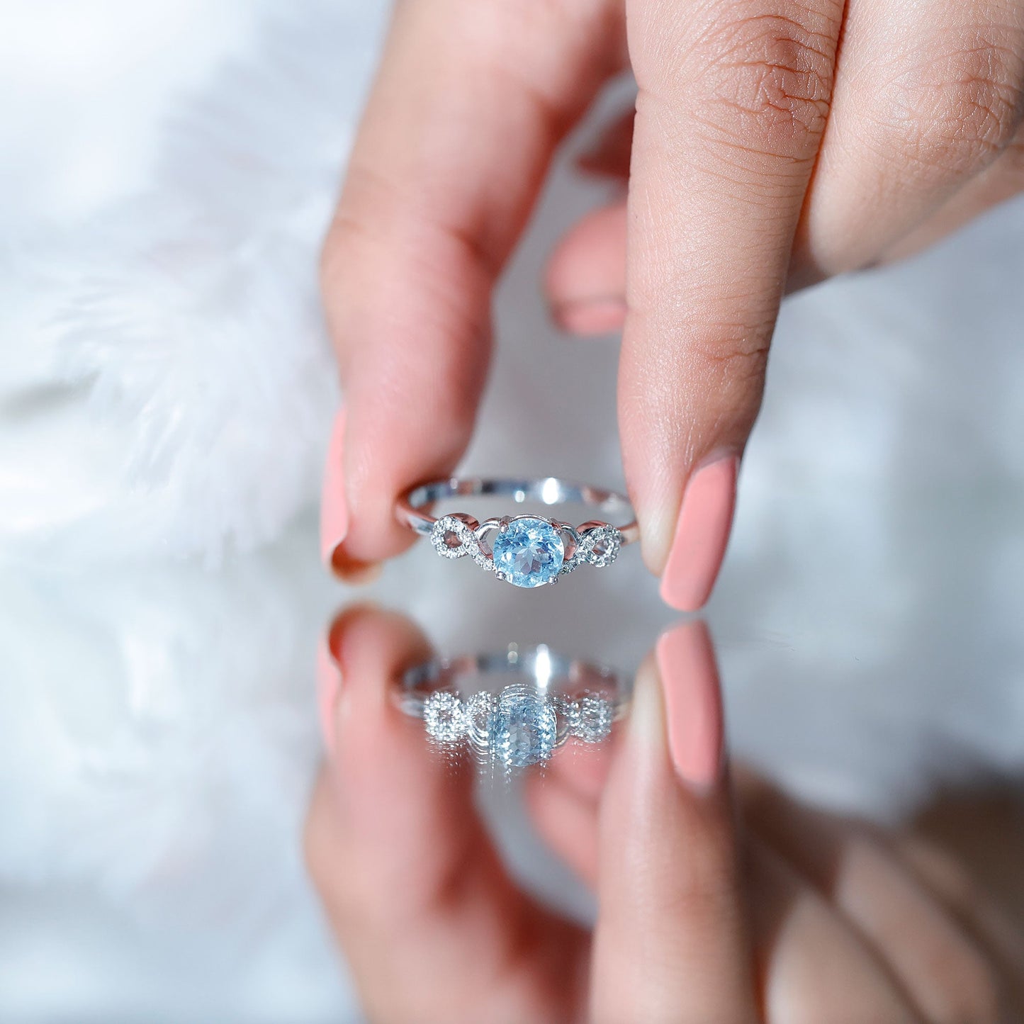 Round Shape Aquamarine and Diamond Infinity Engagement Ring