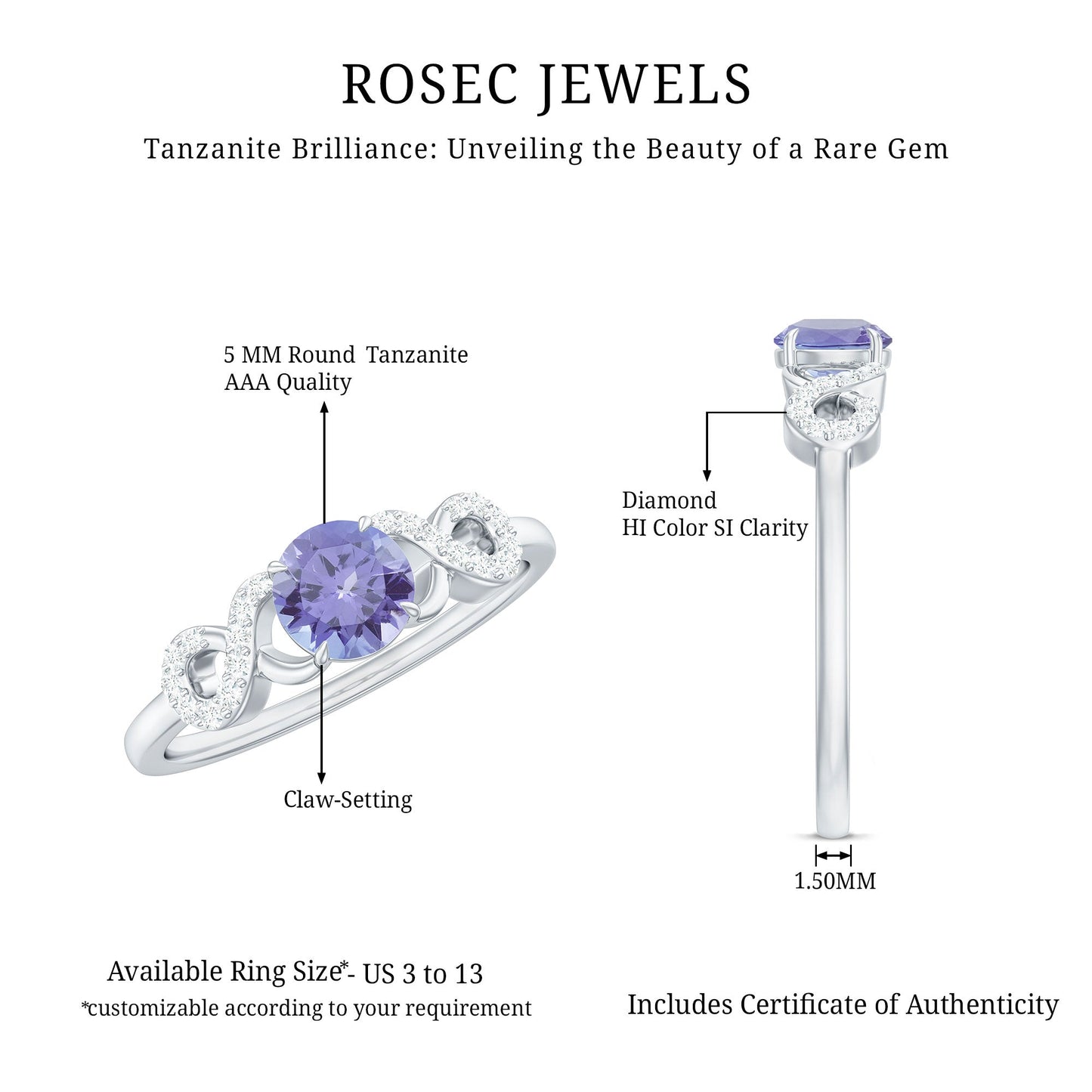 Natural Tanzanite Promise Ring with Diamond Infinity Knot