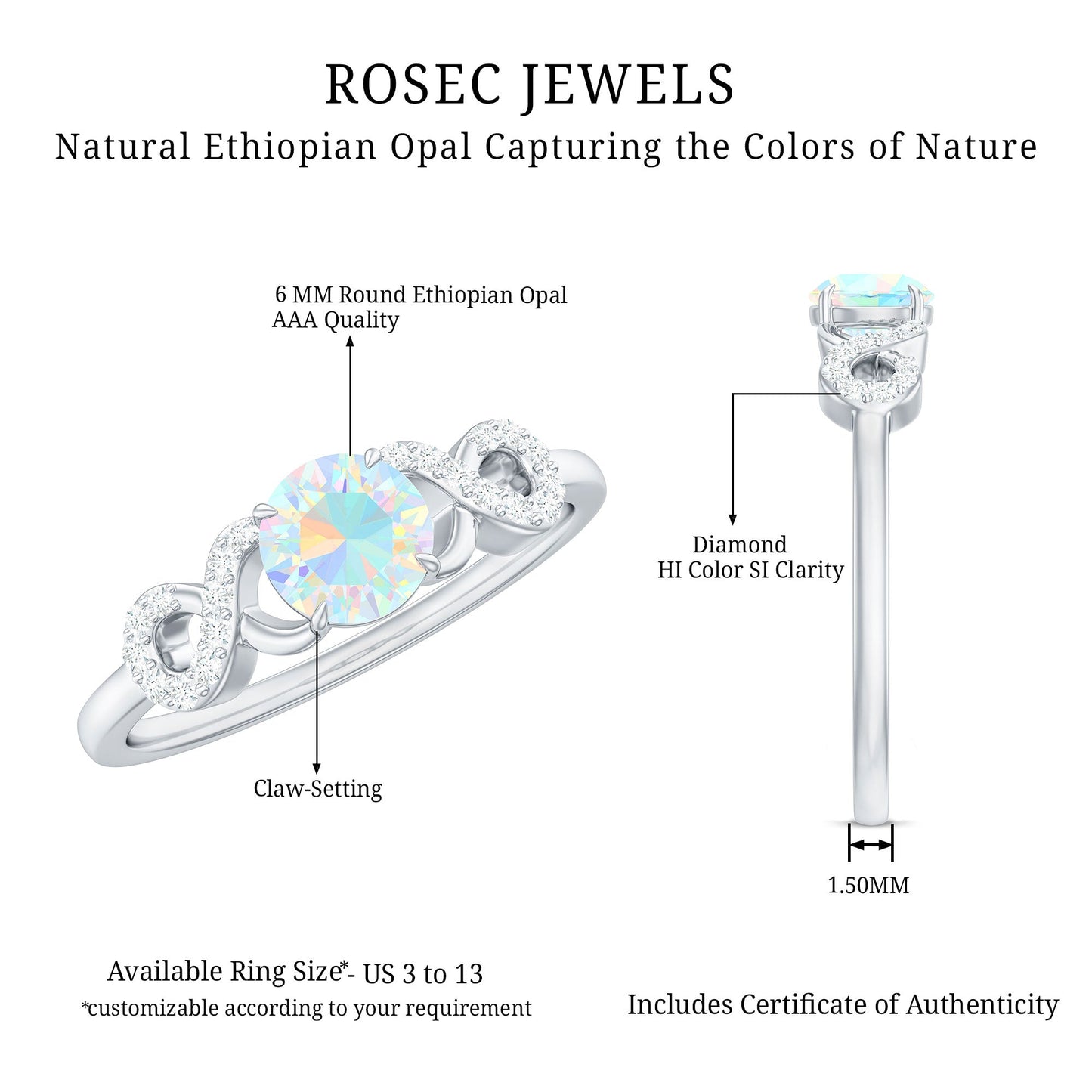 Certified Real Ethiopian Rainbow Opal Diamond Engagement Ring with Criss Cross Shank
