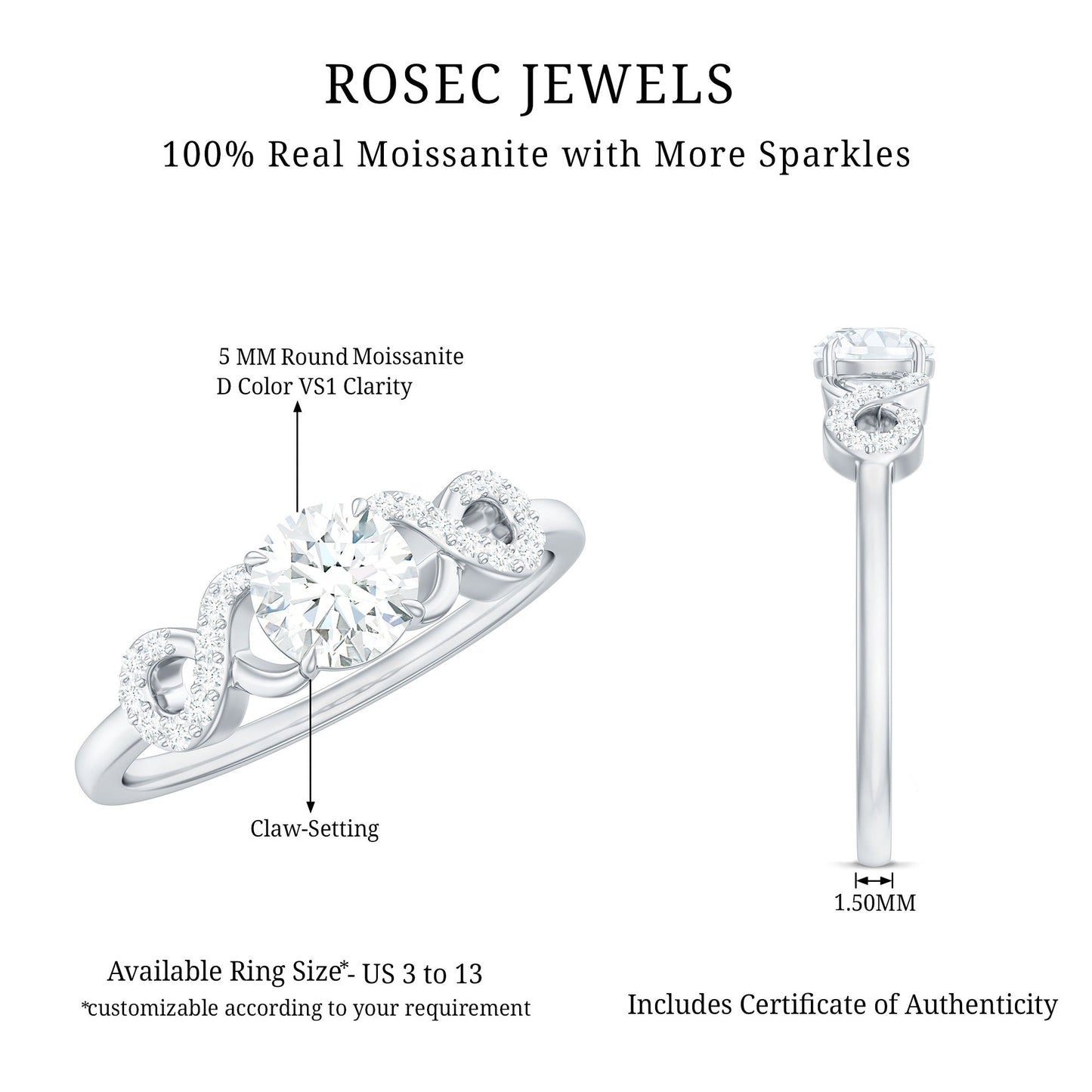 Certified Round Moissanite Infinity Promise Ring for Her