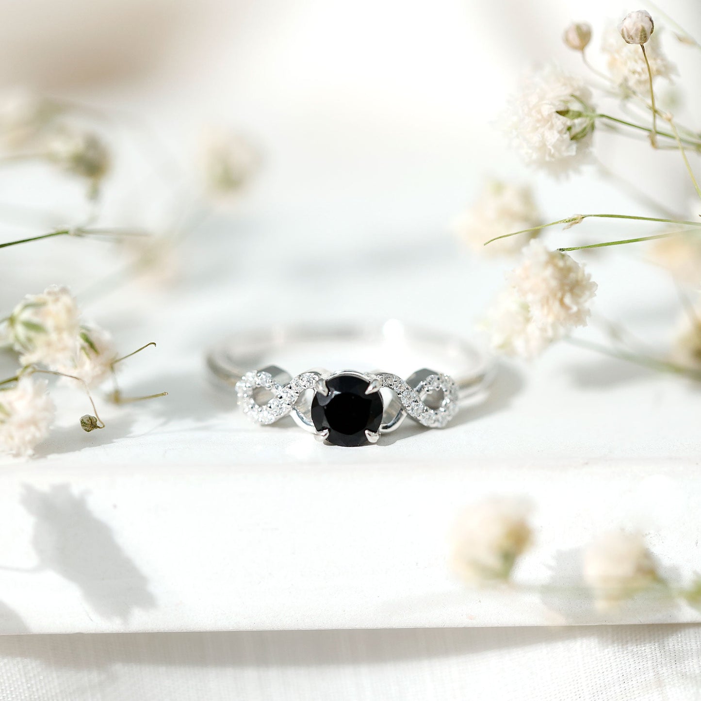 Natural Black Spinel Promise Ring with Diamond Infinity Knot
