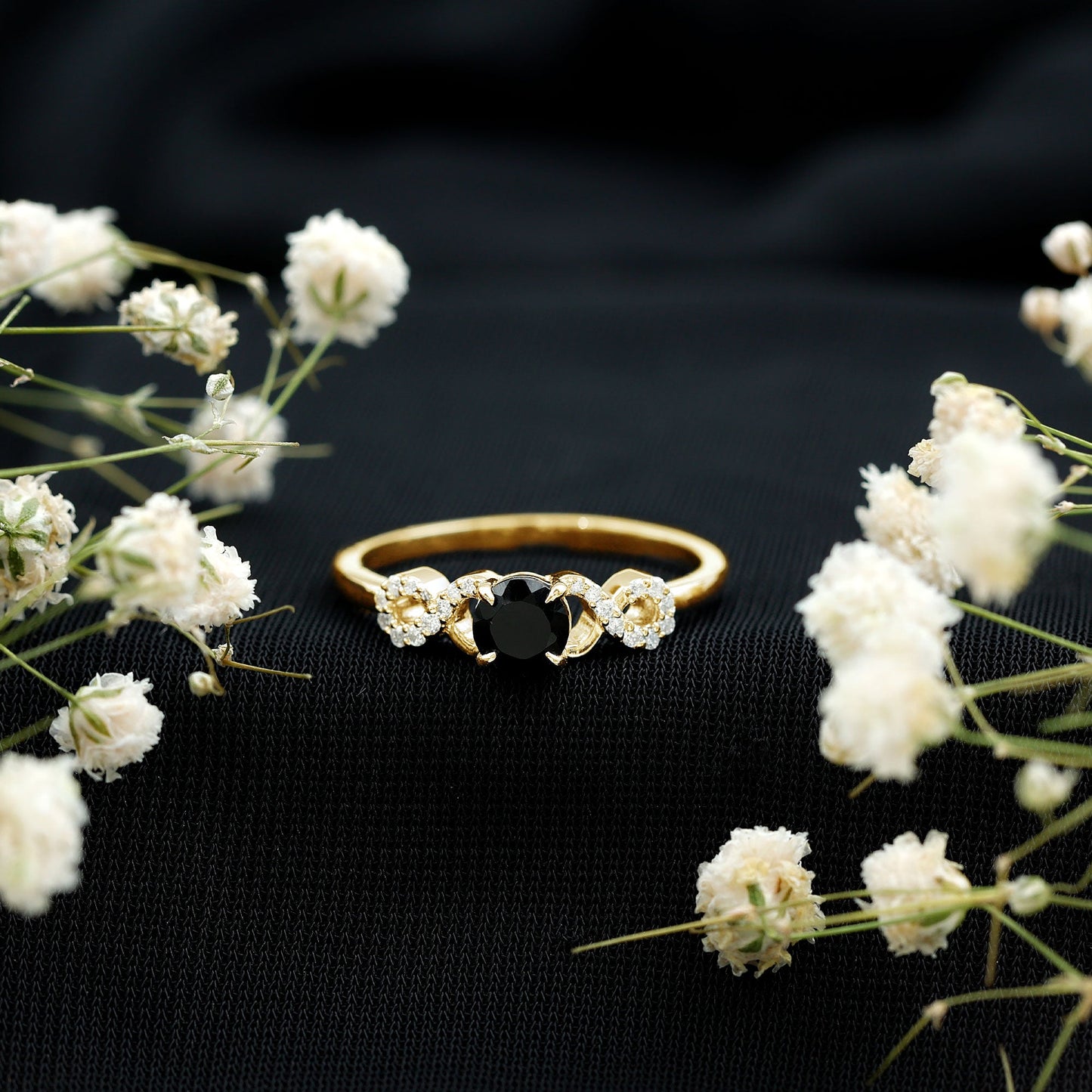 Natural Black Spinel Promise Ring with Diamond Infinity Knot