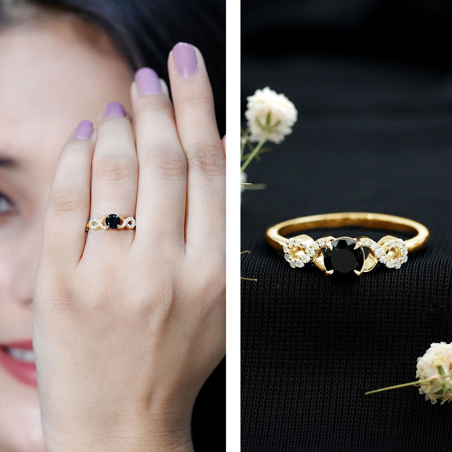 Natural Black Spinel Promise Ring with Diamond Infinity Knot