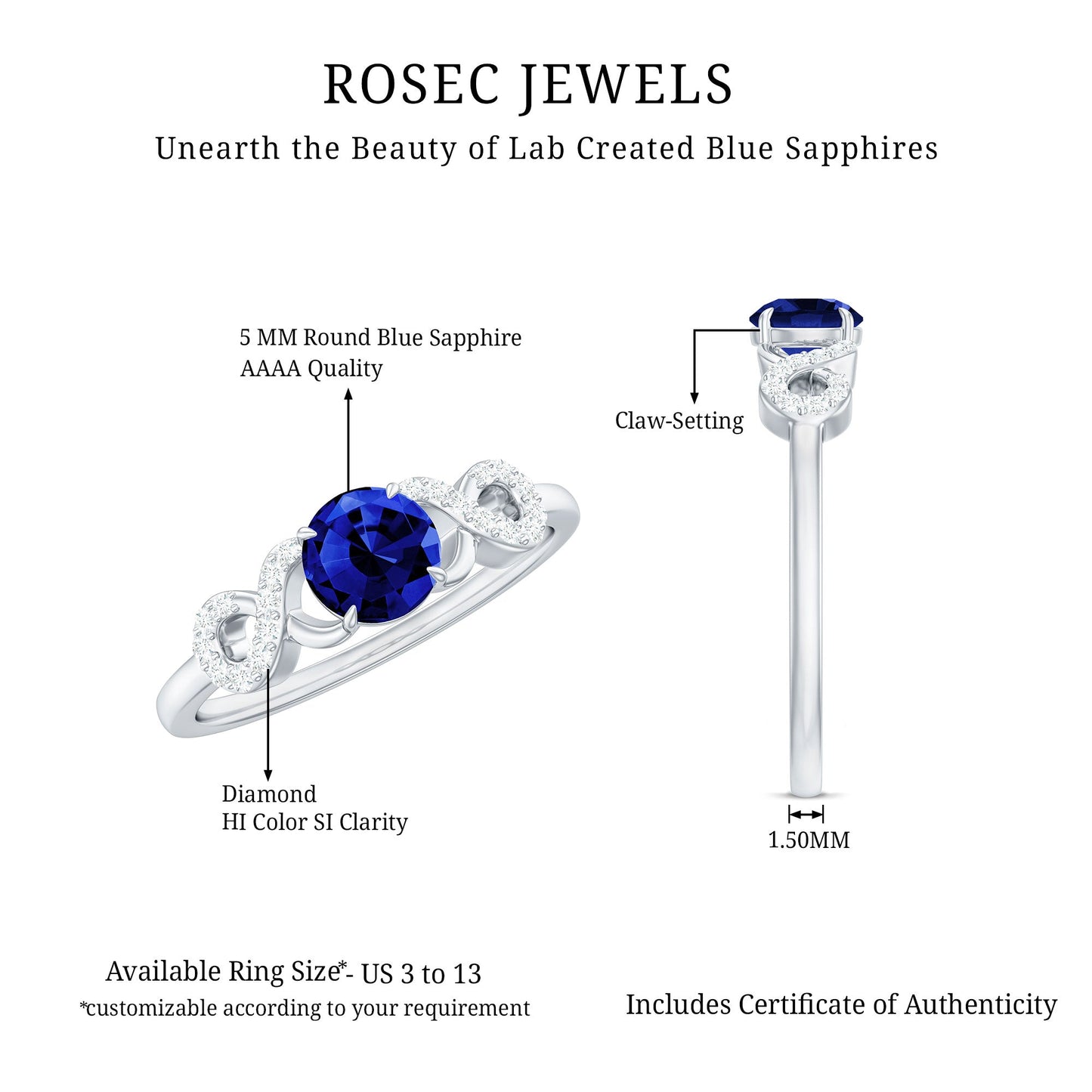 Certified 0.6 Carat Lab Grown Blue Sapphire Engagement Ring with Diamond Infinity Knot