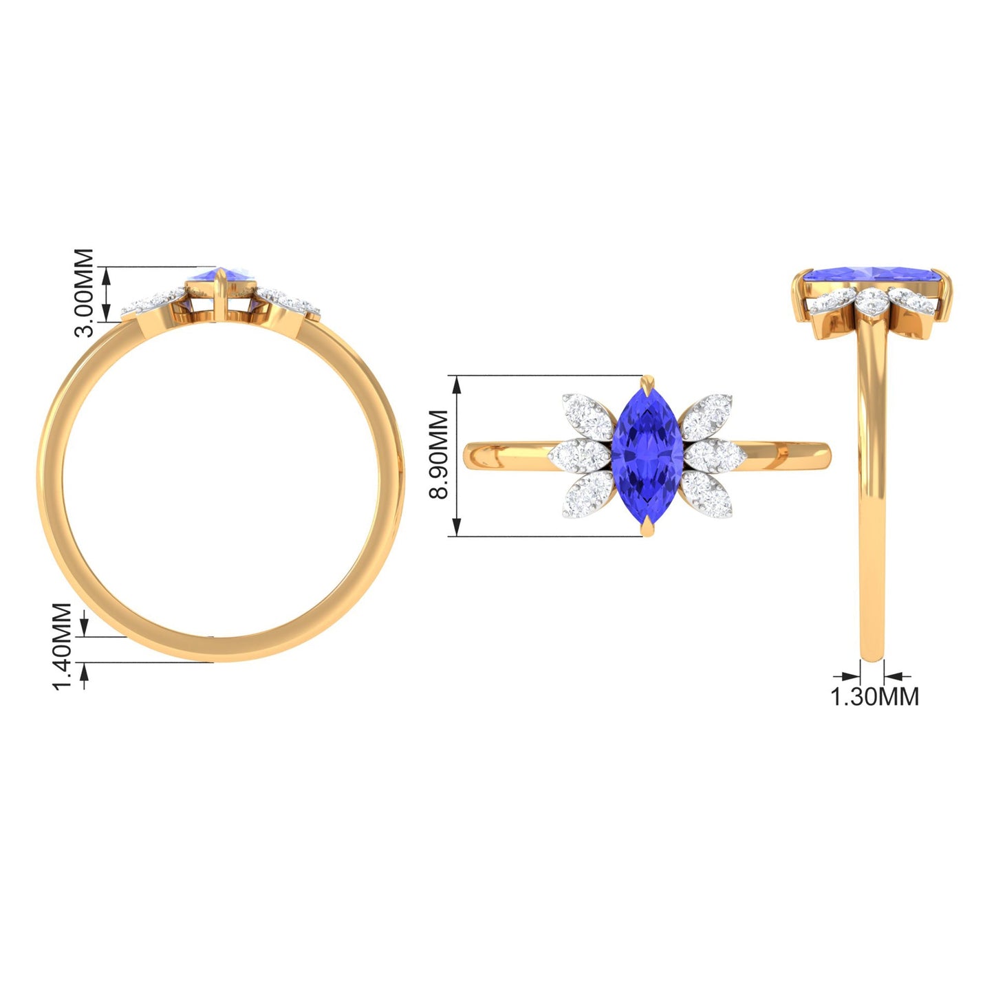 0.6 Carat Marquise Cut Tanzanite and Diamond Promise Ring