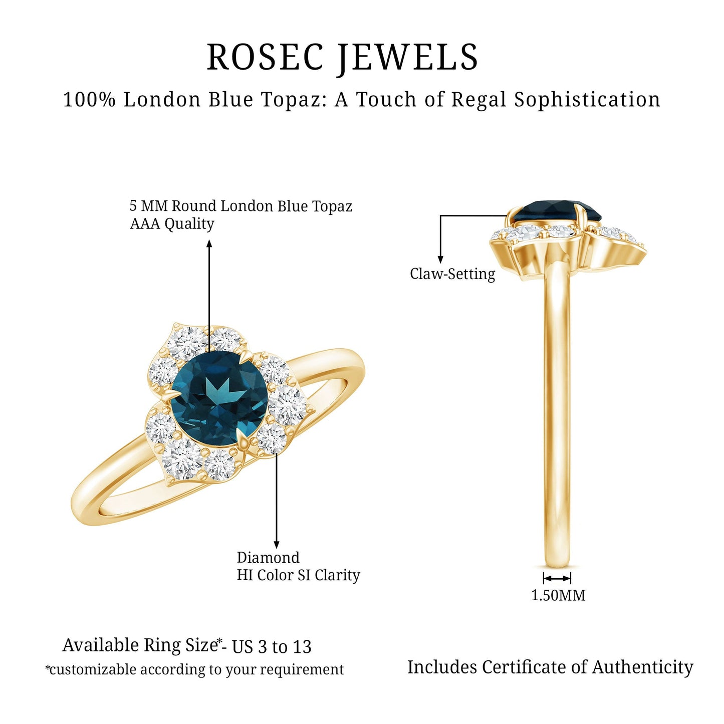 Round London Blue Topaz Floral Engagement Ring with Diamond