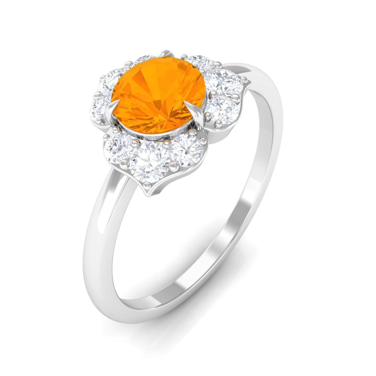 Round Fire Opal Flower Engagement Ring with Diamond