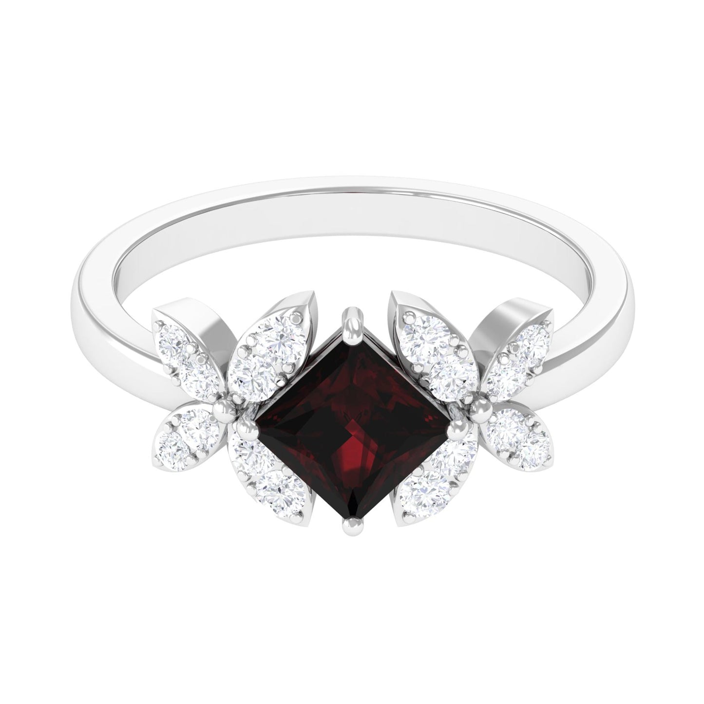 Natural 1.4 Carat Garnet Princess Cut Engagement Ring with Diamond Flower