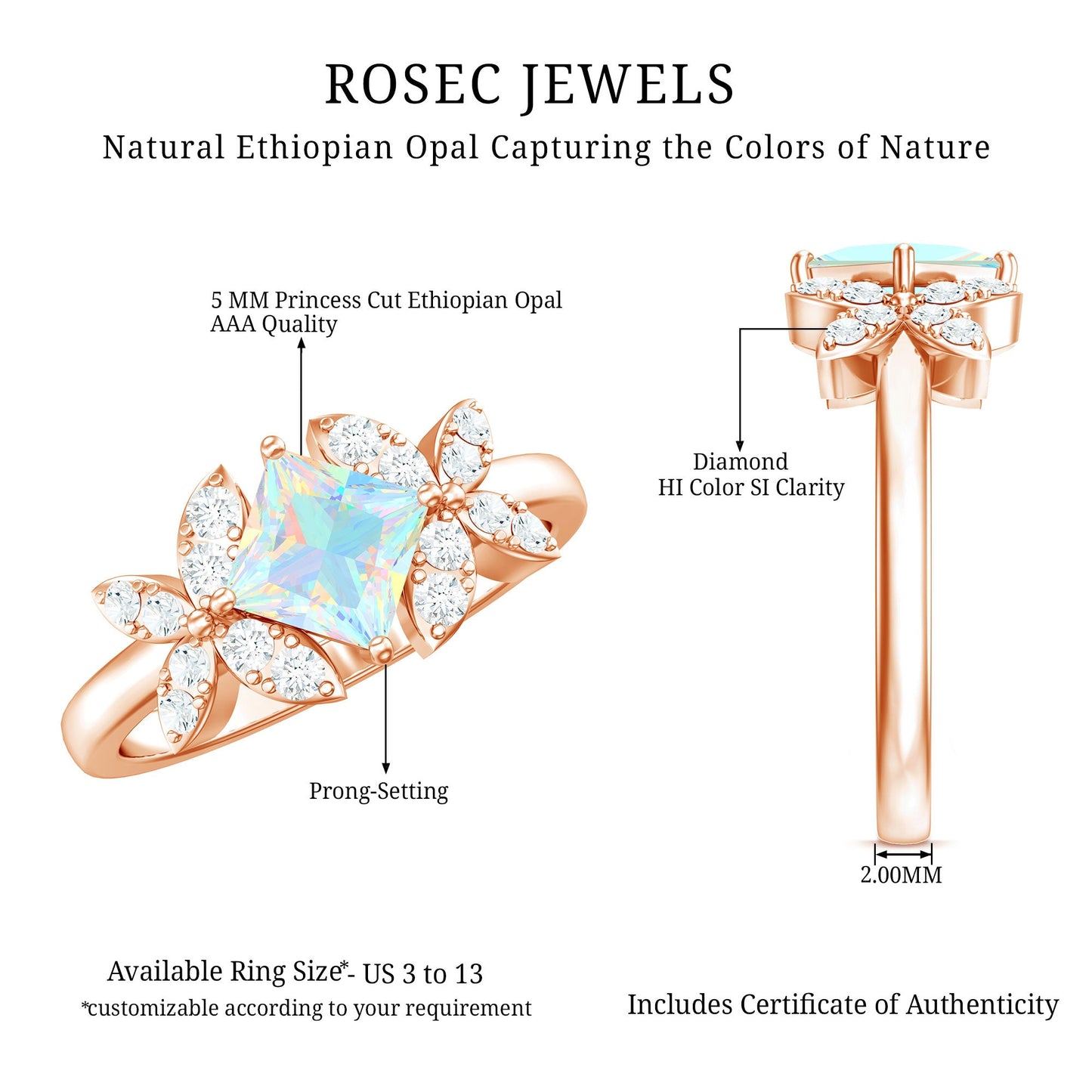Natural Princess Cut Ethiopian Opal Flower Engagement Ring with Diamond