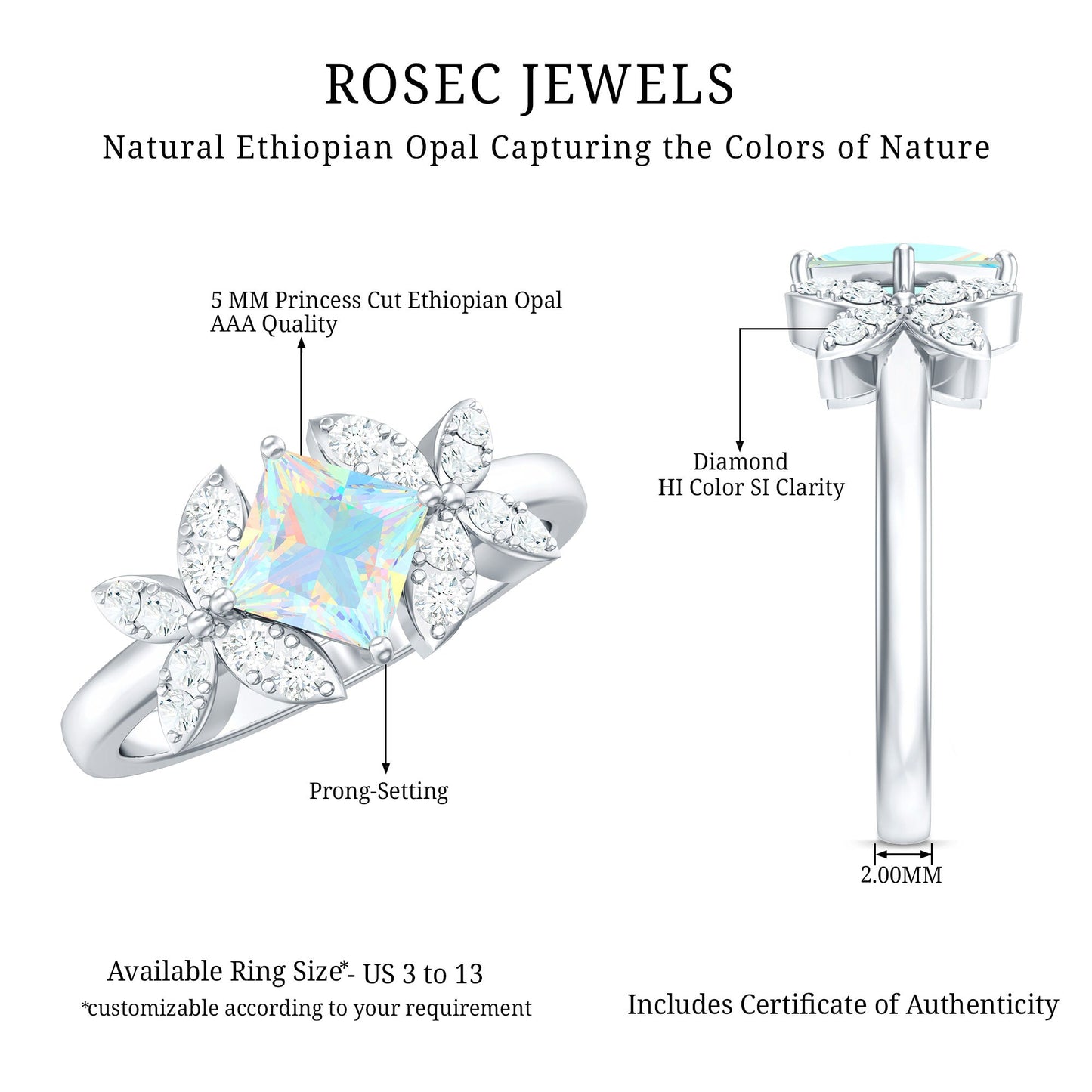 Natural Princess Cut Ethiopian Opal Flower Engagement Ring with Diamond