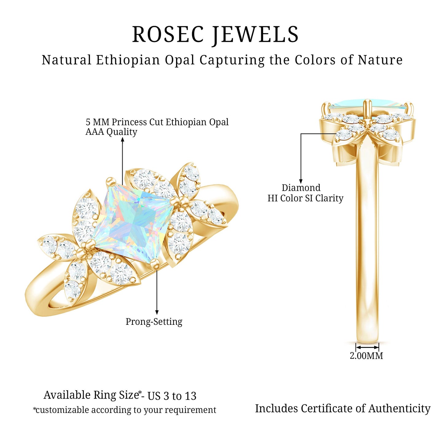 Natural Princess Cut Ethiopian Opal Flower Engagement Ring with Diamond
