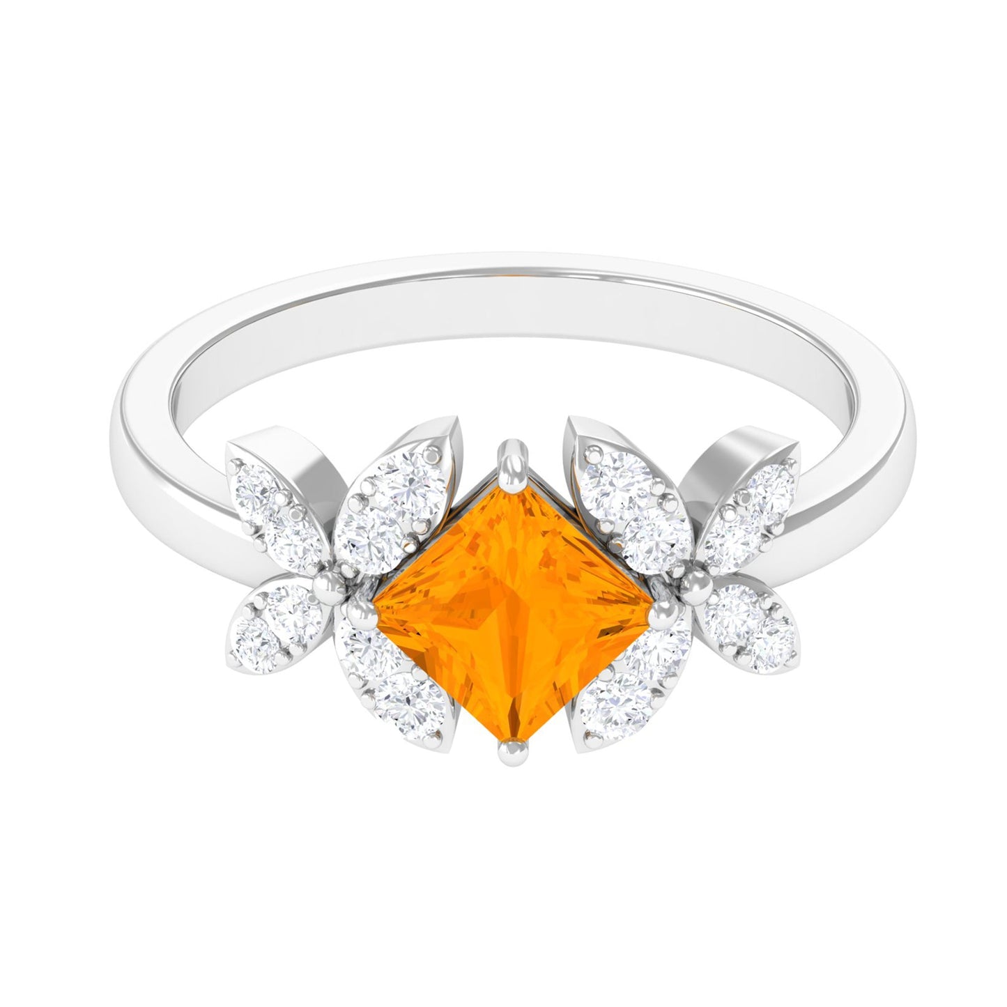 0.5 Carat Princess Cut Fire Opal Flower Engagement Ring with Diamond