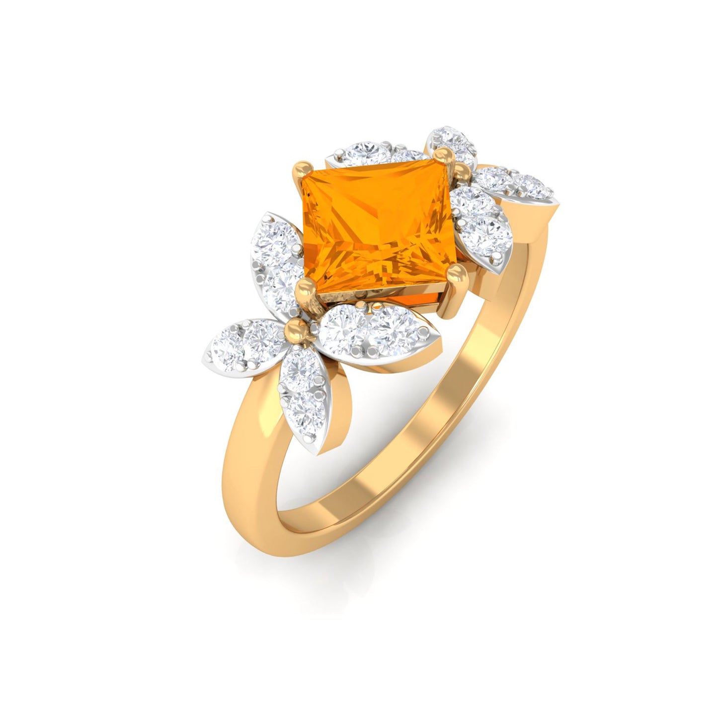0.5 Carat Princess Cut Fire Opal Flower Engagement Ring with Diamond