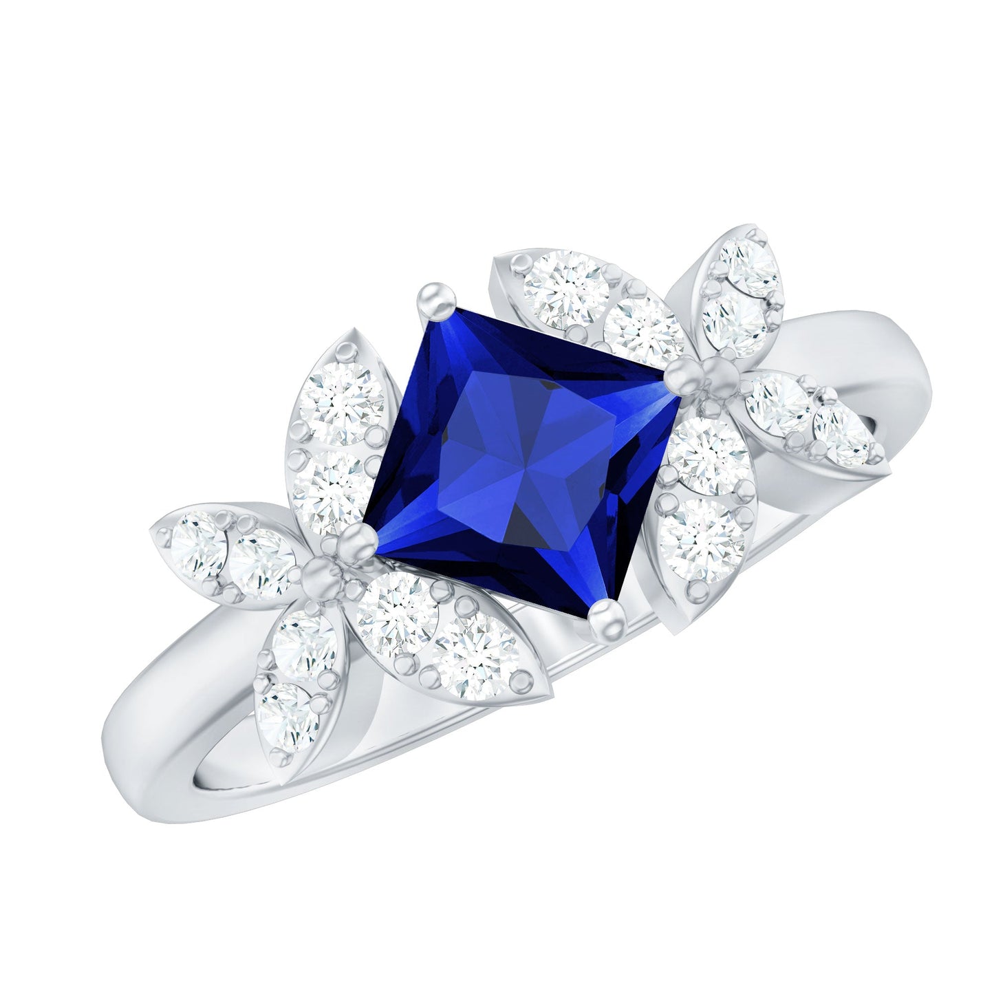 Certified 1.5 Carat Princess Cut Lab Grown Blue Sapphire Engagement Ring with Diamond Flower