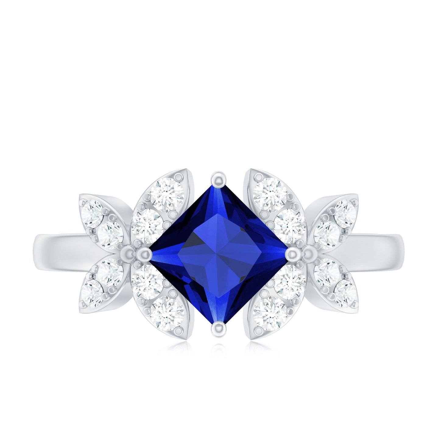 Certified 1.5 Carat Princess Cut Lab Grown Blue Sapphire Engagement Ring with Diamond Flower