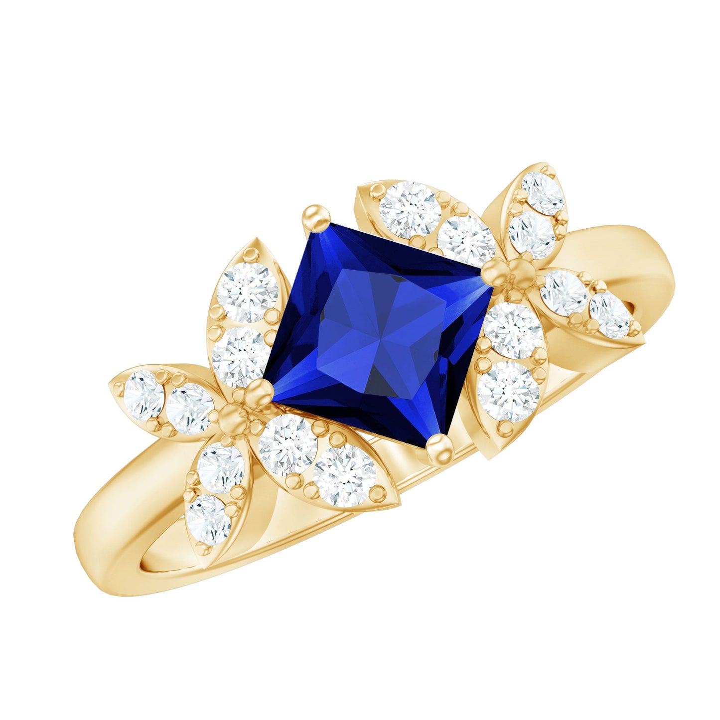 Certified 1.5 Carat Princess Cut Lab Grown Blue Sapphire Engagement Ring with Diamond Flower