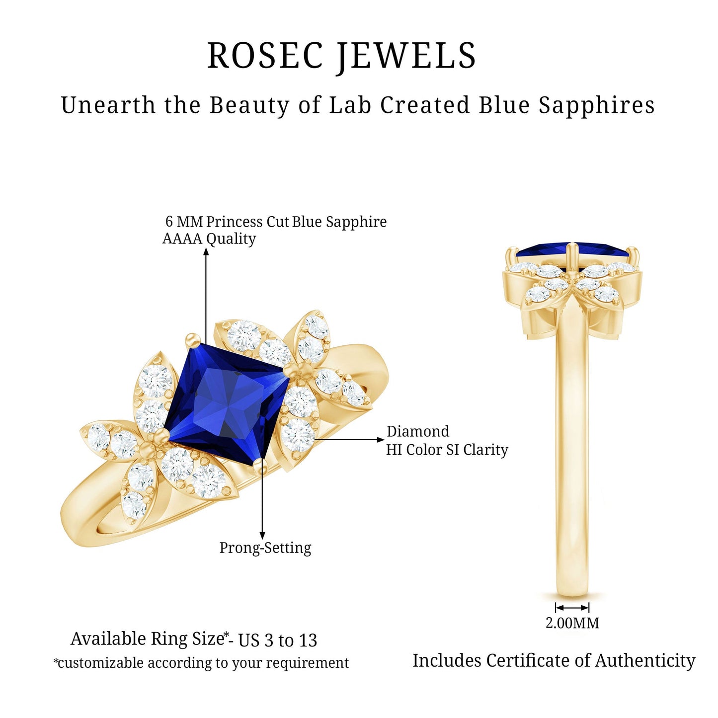 Certified 1.5 Carat Princess Cut Lab Grown Blue Sapphire Engagement Ring with Diamond Flower