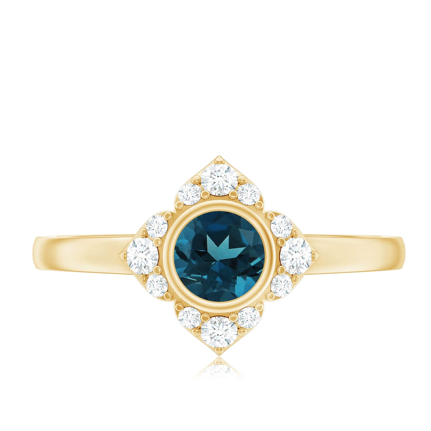 London Blue Topaz Bezel Engagement Ring with Diamond Halo
