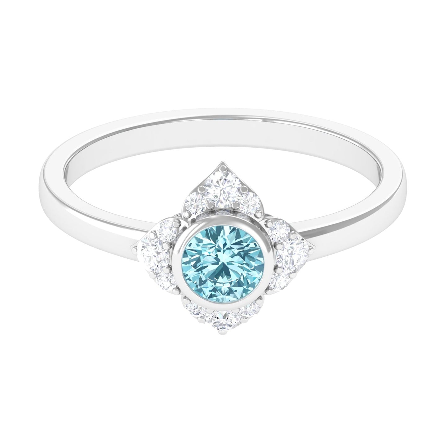 Bezel Set Aquamarine and Diamond Flower Engagement Ring with Certificate