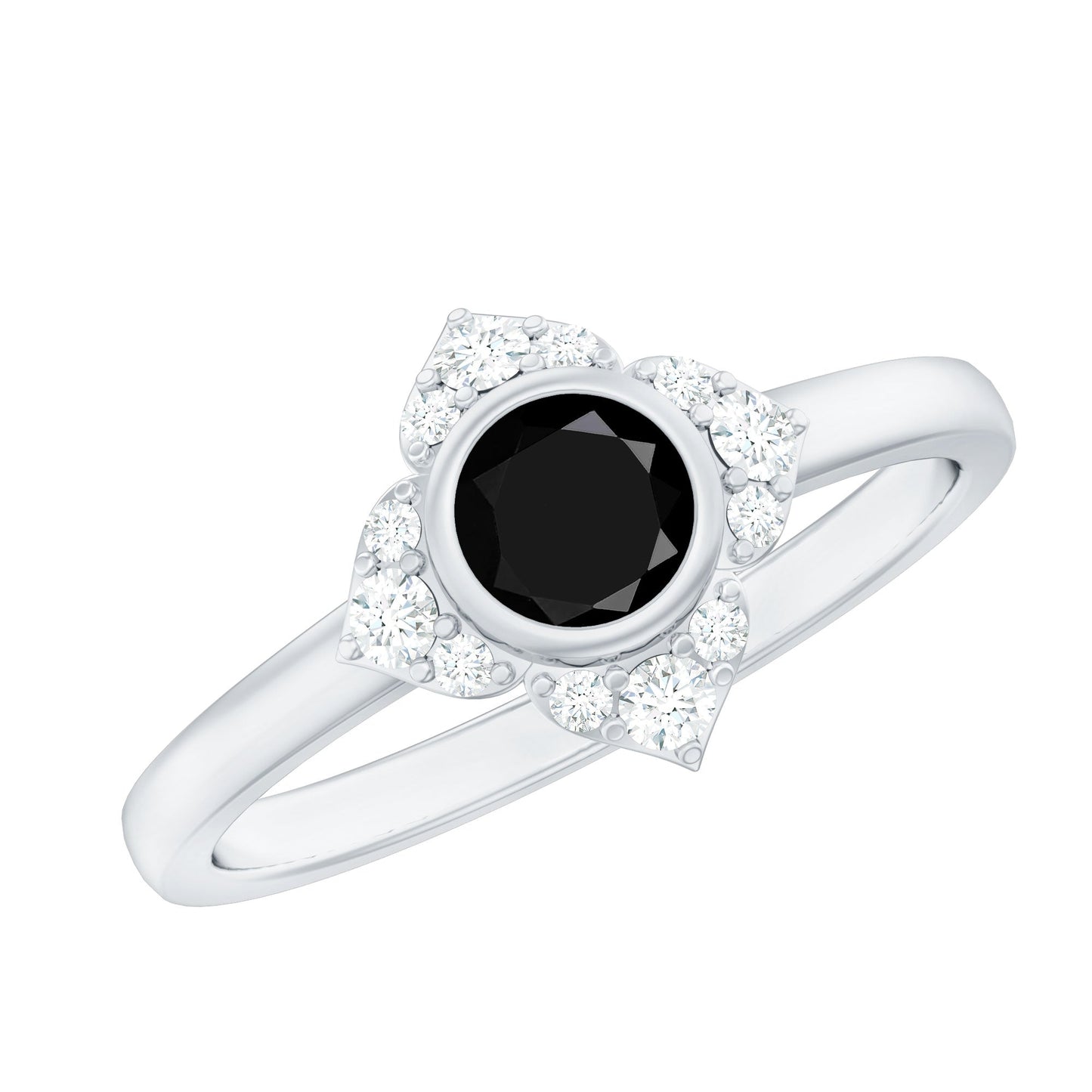 Real Bezel Set Black Spinel Flower Engagement Ring with Diamond