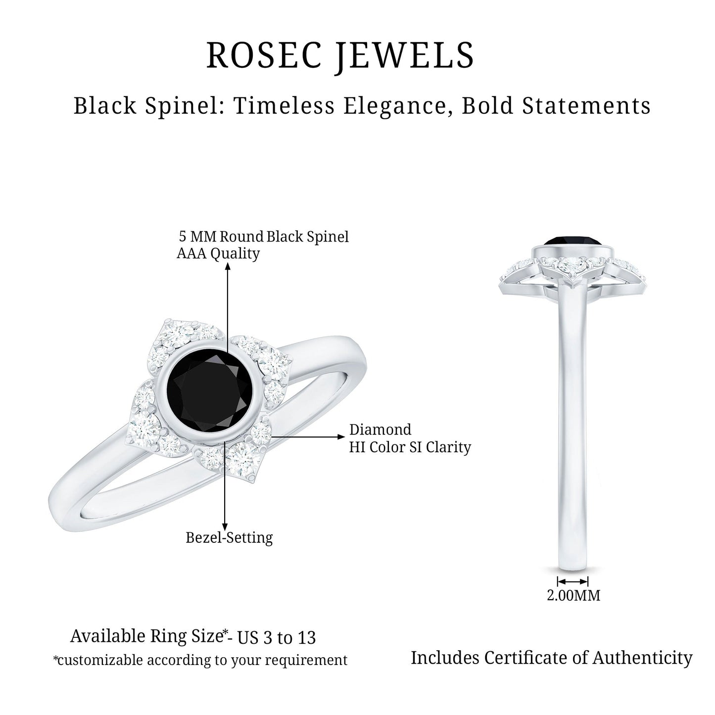 Real Bezel Set Black Spinel Flower Engagement Ring with Diamond