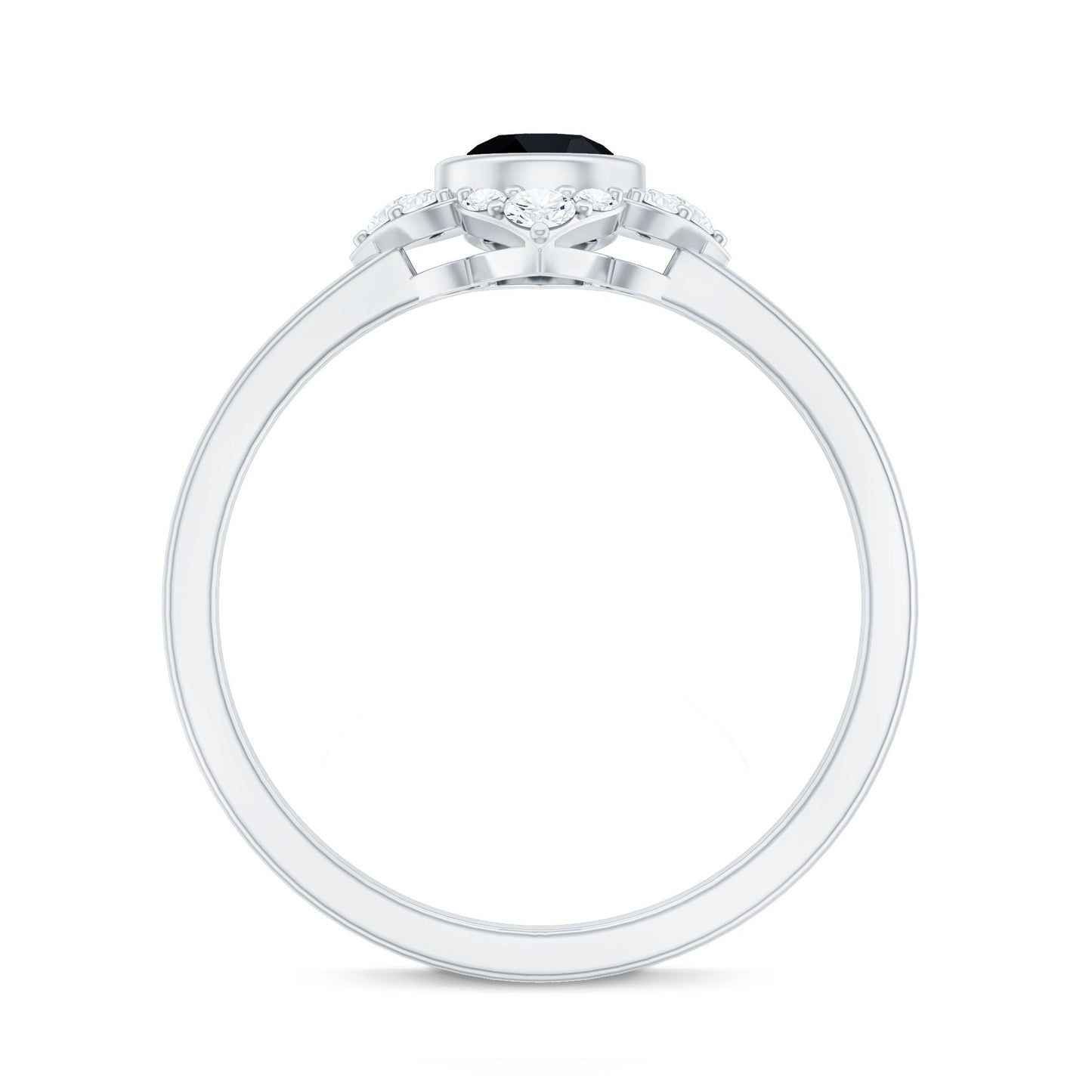 Real Bezel Set Black Spinel Flower Engagement Ring with Diamond