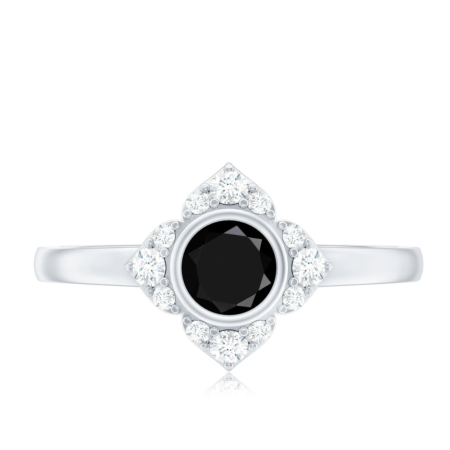Real Bezel Set Black Spinel Flower Engagement Ring with Diamond