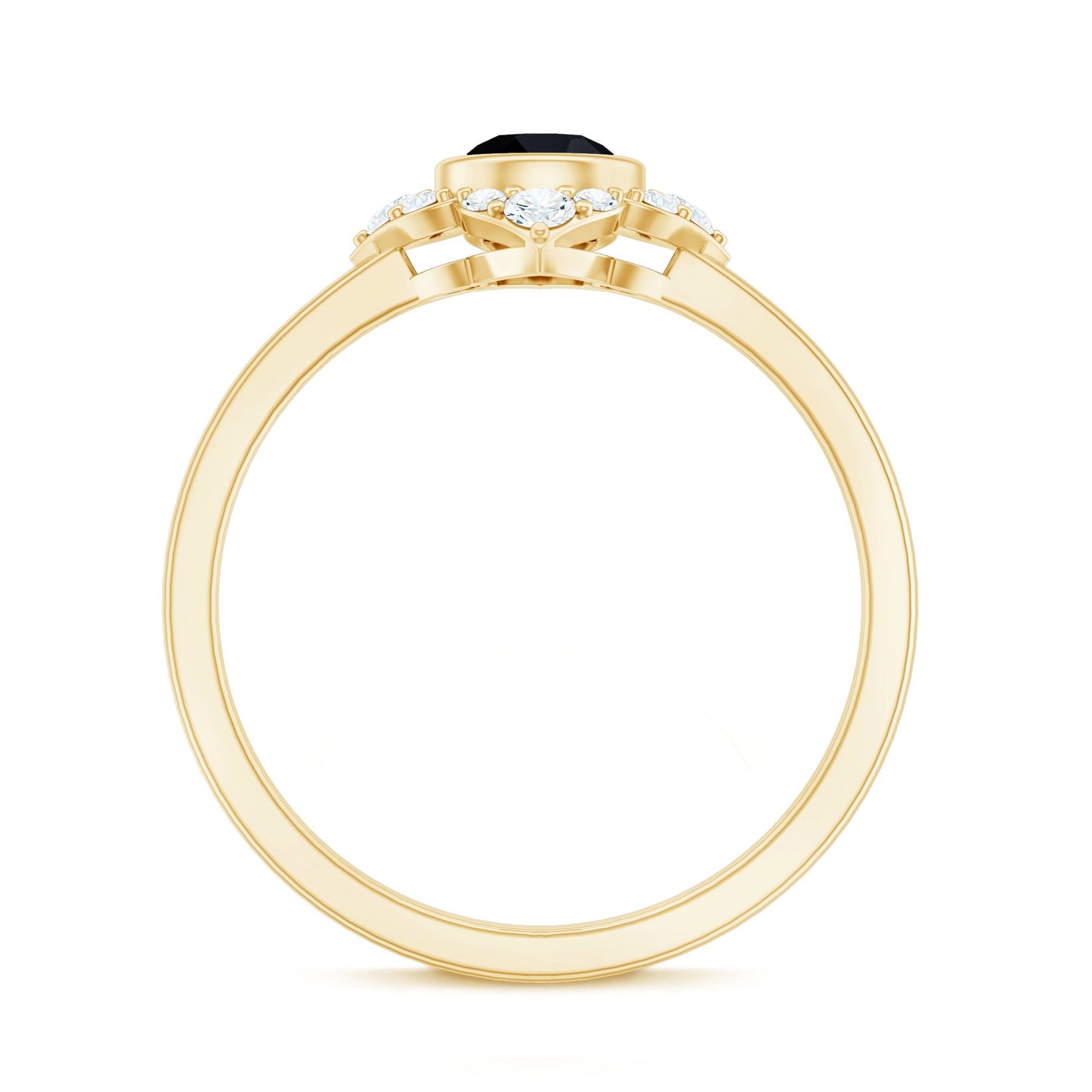 Real Bezel Set Black Spinel Flower Engagement Ring with Diamond