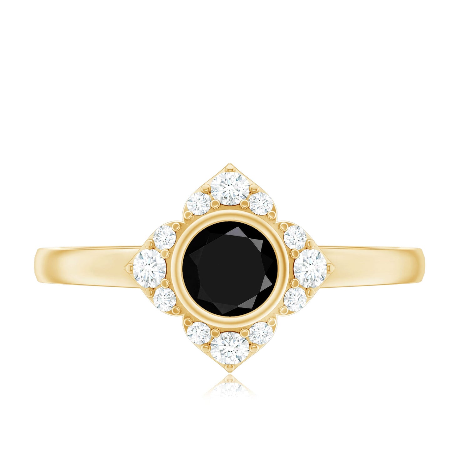Real Bezel Set Black Spinel Flower Engagement Ring with Diamond