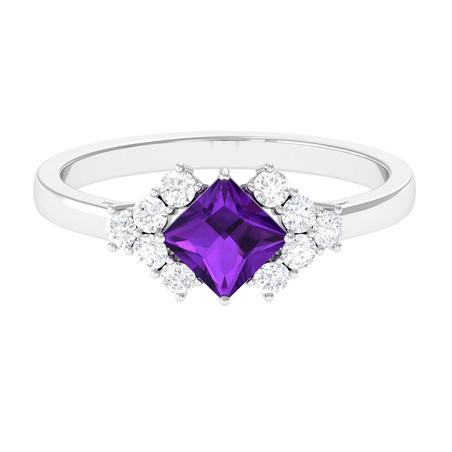 Natural 1.2 Carat Amethyst Princess Cut Engagement Ring with Diamond