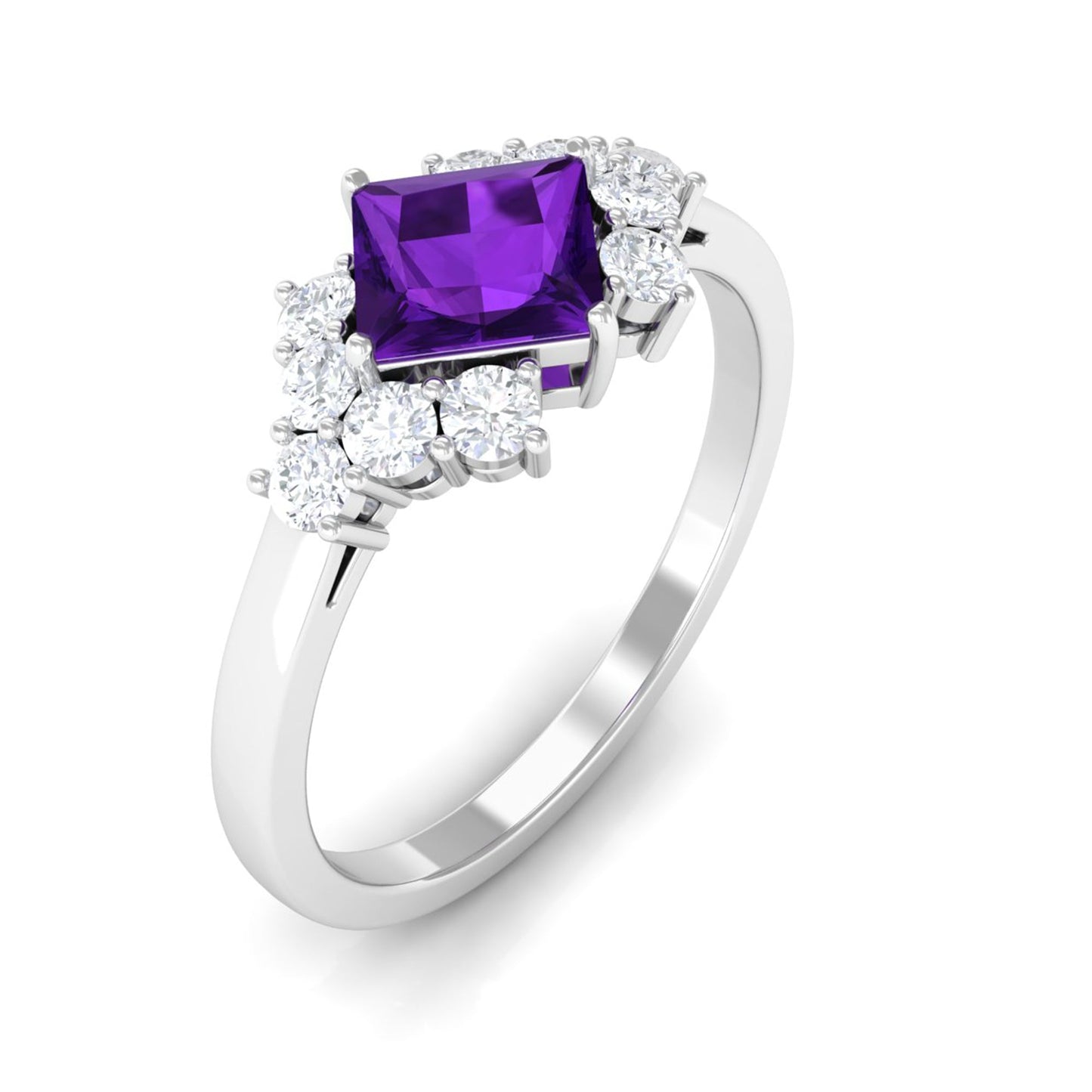 Natural 1.2 Carat Amethyst Princess Cut Engagement Ring with Diamond