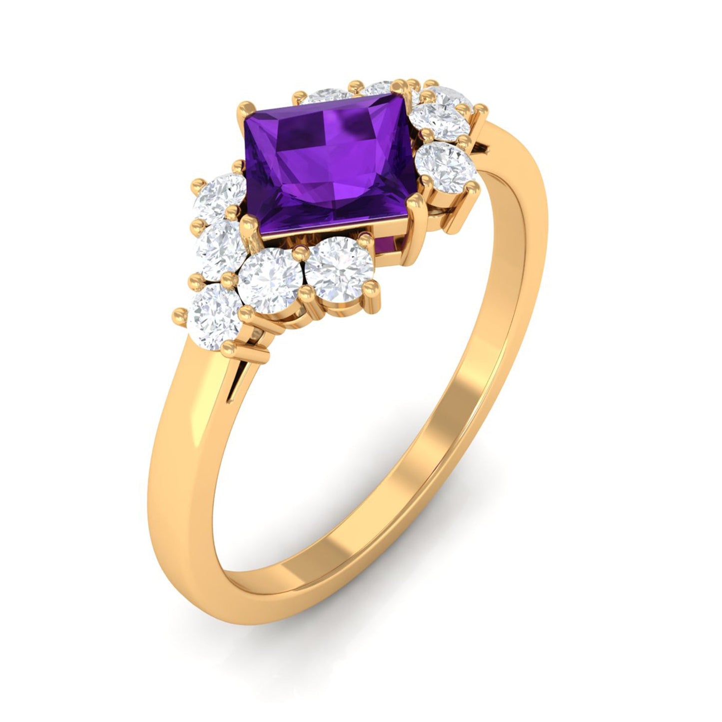 Natural 1.2 Carat Amethyst Princess Cut Engagement Ring with Diamond