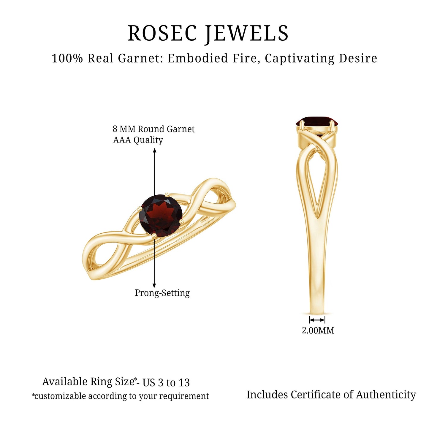Genuine 2.3 Carat Garnet Solitaire Engagement Ring with Crossover Shank