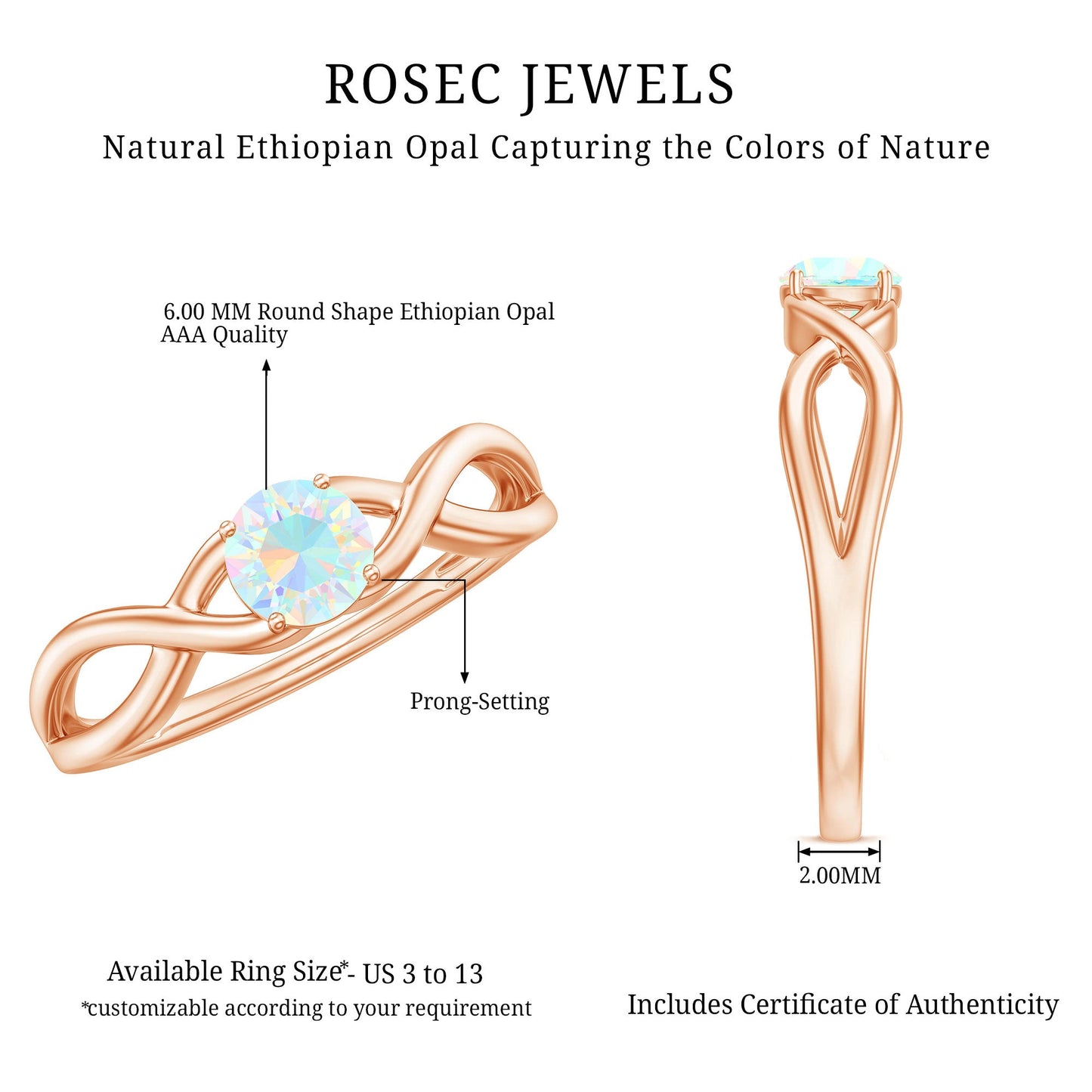 Natural Ethiopian Rainbow Opal Promise Ring with Crossover Shank