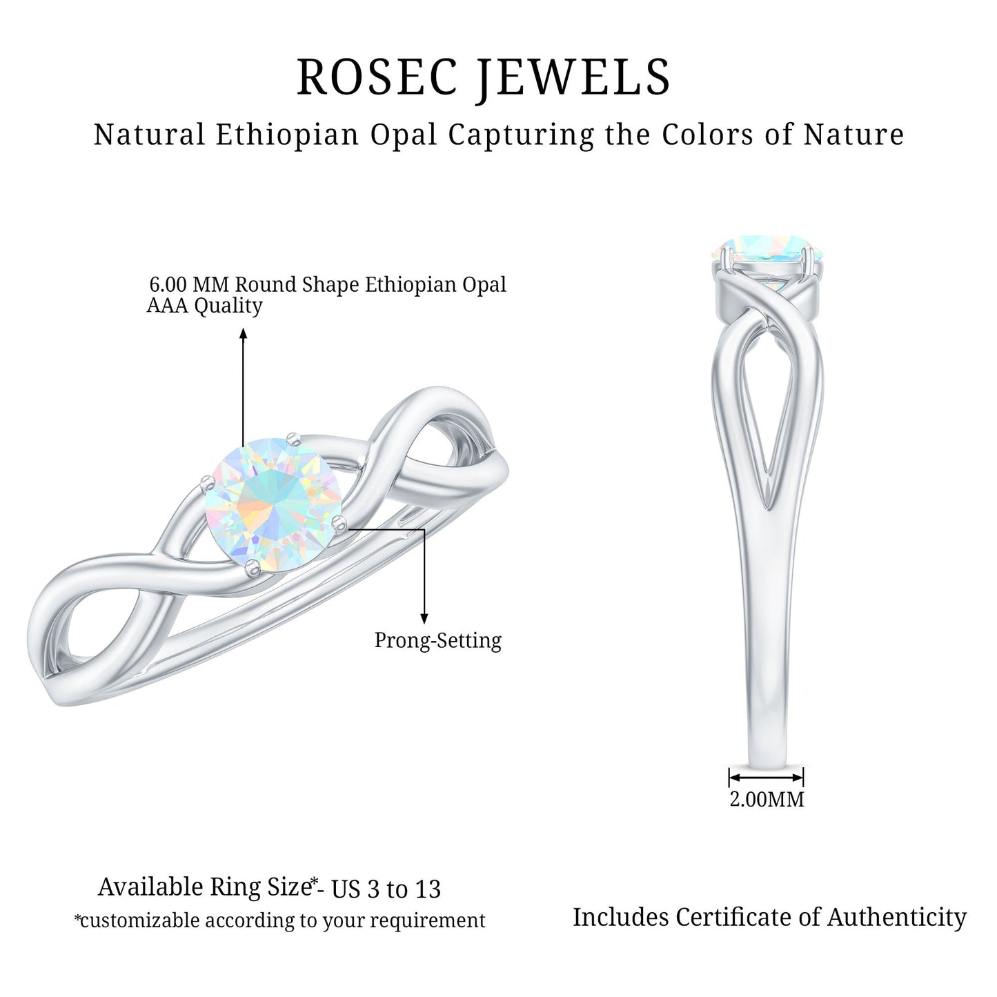 Natural Ethiopian Rainbow Opal Promise Ring with Crossover Shank
